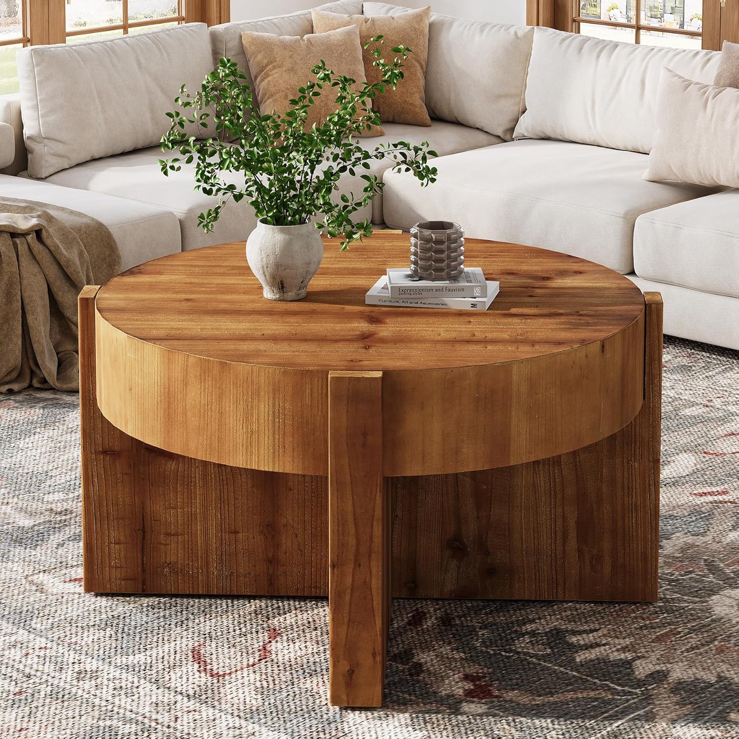 Solid Wood Round Coffee Table, 32 Inch Round Coffee Table for Living Room, Large Farmhouse Center Table with Thick Tabletop for Home, Easy Assembly, Rustic Brown
