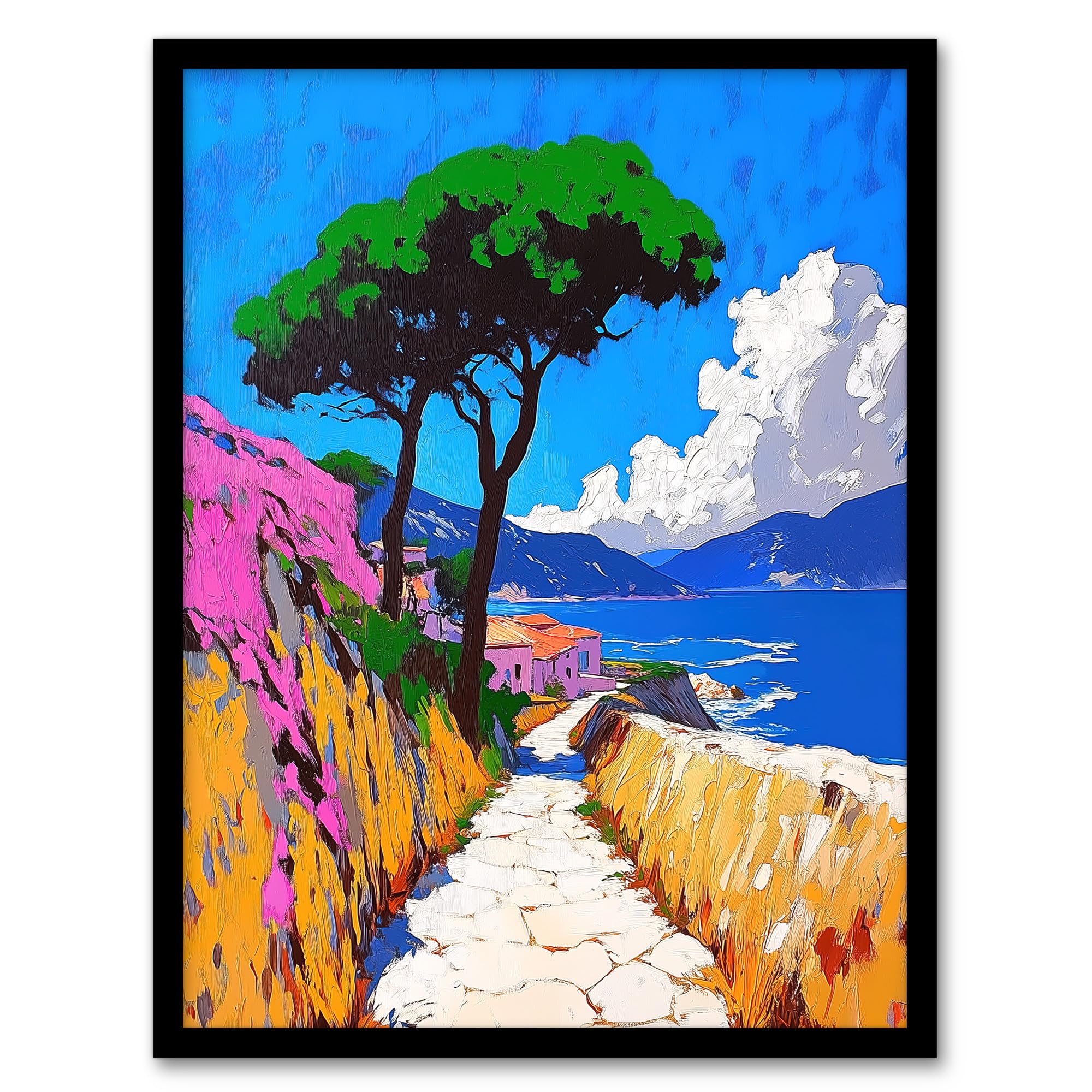 Artery8 Santorini Greece Coastal Path Colourful Landscape Living Room Artwork Framed Wall Art Print A4