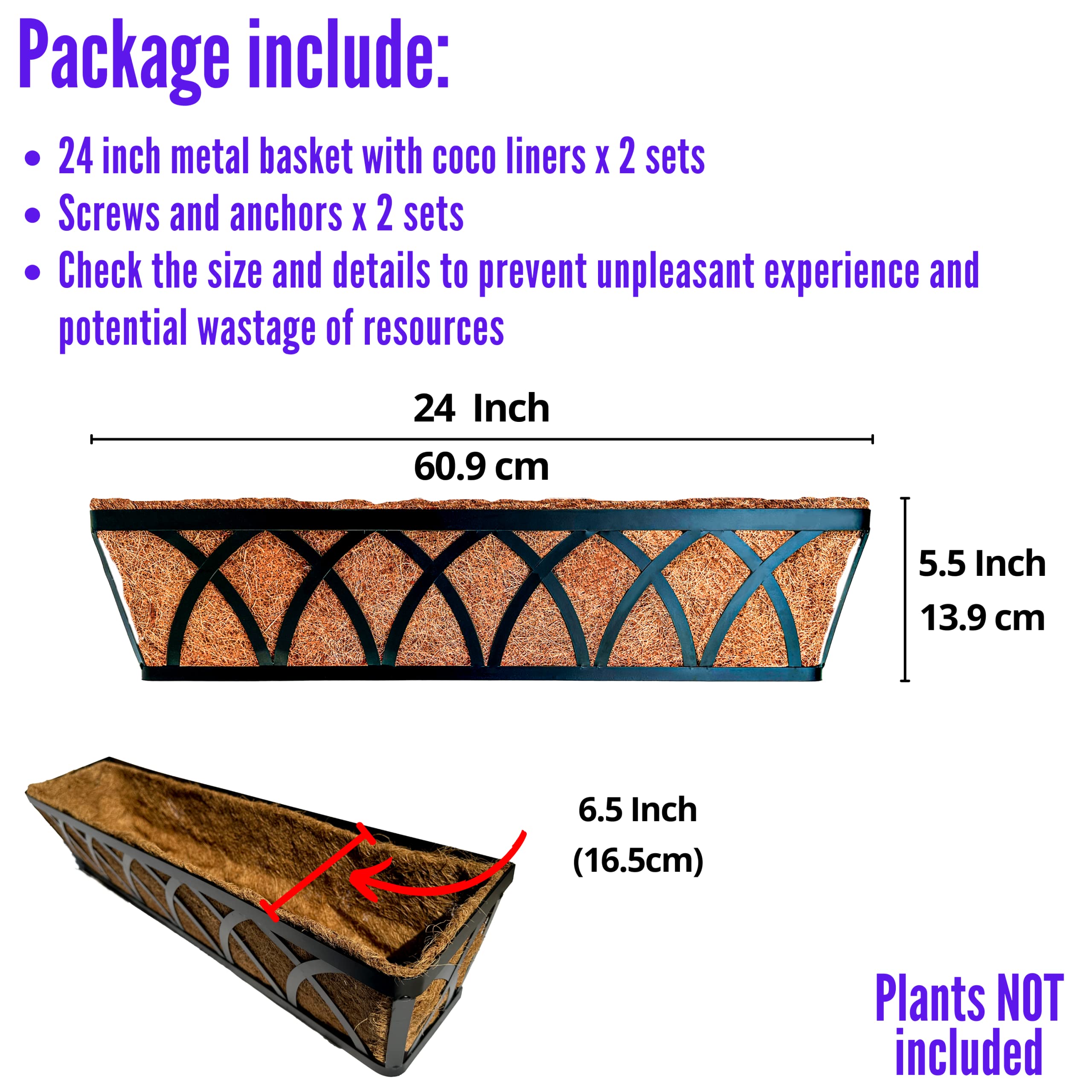 Maxona Window Planter Box - 2 Pack, 24 Inch Outdoor Wall Mounted and Deck Railing Planter with Coco Liner, Window Flower Basket, Balcony Hanging Rail Garden Patio Porch Fence