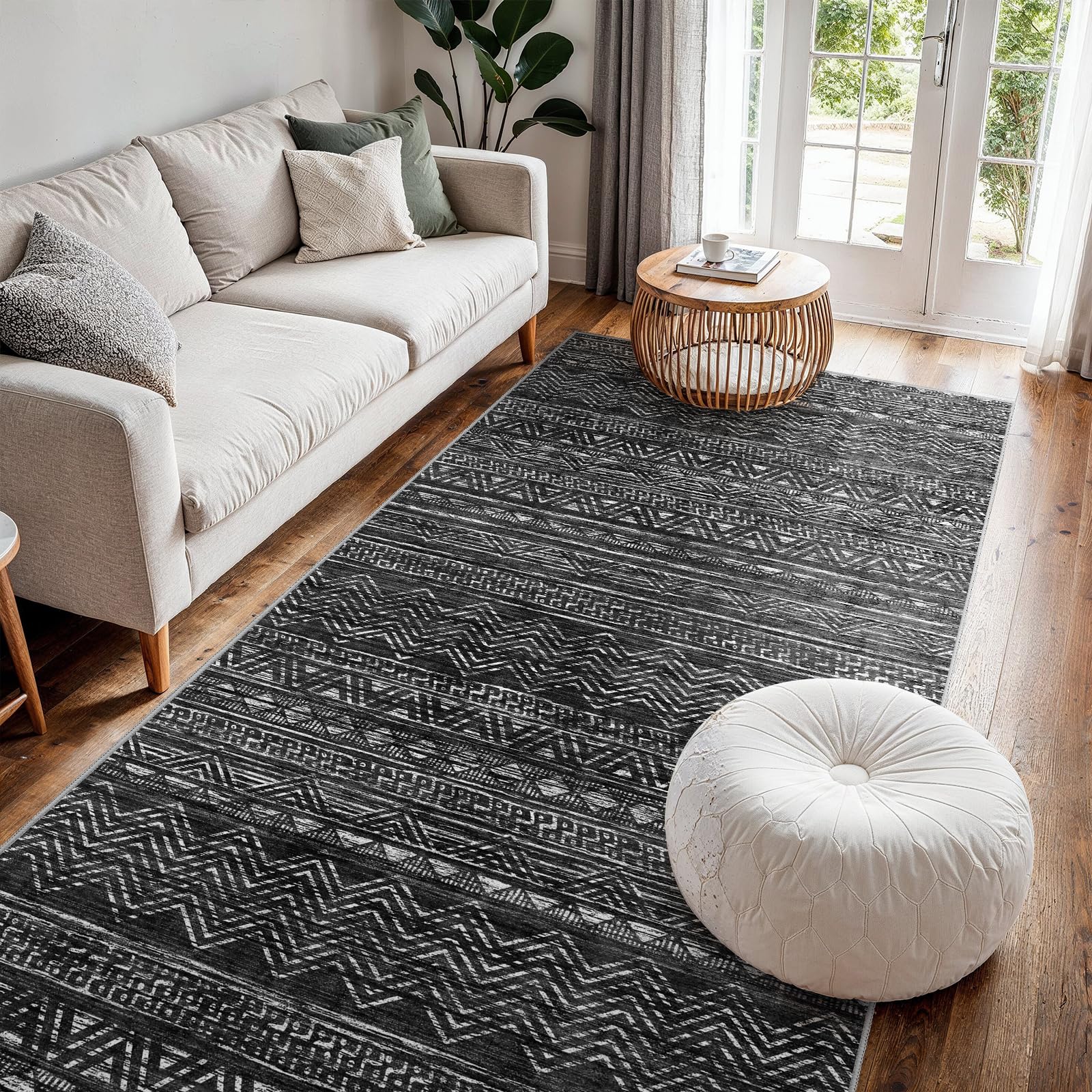 4x8 Washable Hallway Runner Rug：Moroccan Non-Slip Wide Runners for Entryway Kitchen Soft Modern Geometric Low-Pile Rugs for Living Room Thin Waterproof Carpet for Bedroom Bathroom Laundry(Black,4x8)