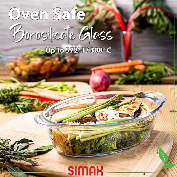 Simax Glass Baking Dish with Lid - Large Oval Shaped Casserole - 3 Qt with Ridges