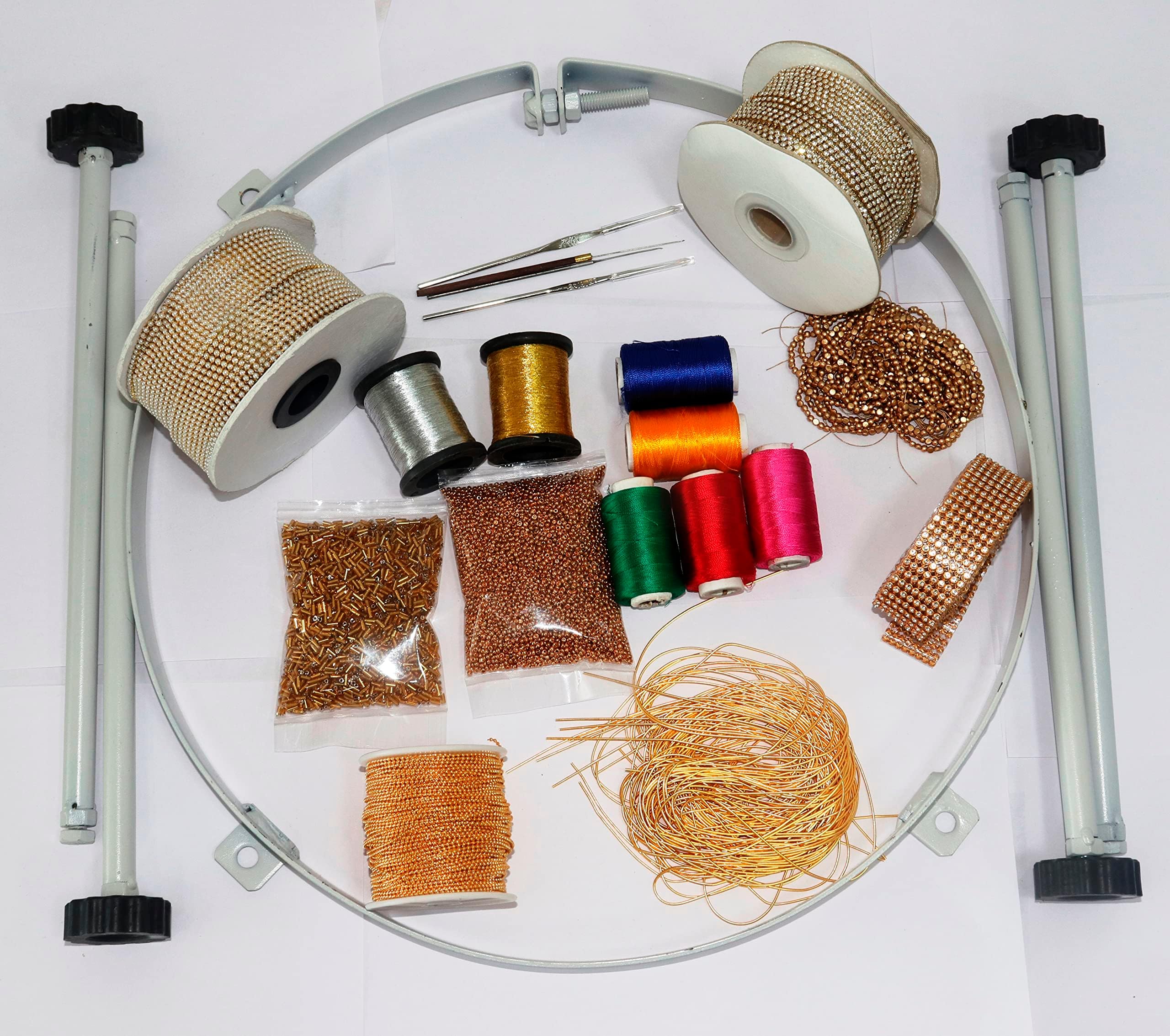 VRADAH 20Items Aari Work kit with 18Inch Aari/Maggam/Tambour Work Stand with Bush, with 18inch Wooden Frame/Hoop, Powder Coat Finish, Adjustable Legs with Bush