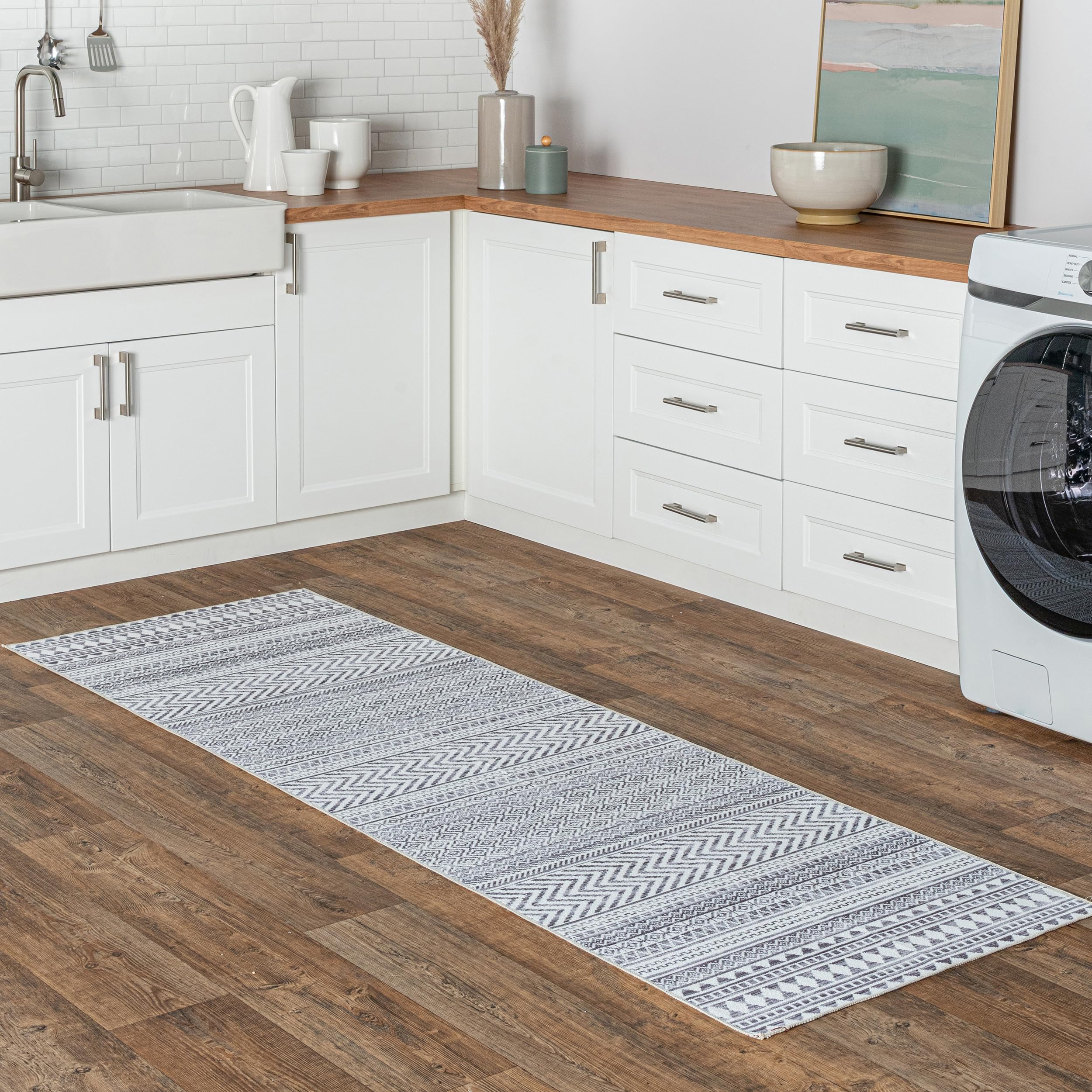 2' x 8' SpinClean Machine Washable Stain-Resistant Area Rug with Non Slip Backing, Low Profile for Living Room, Bedroom, and Dining Room, Kira Grey