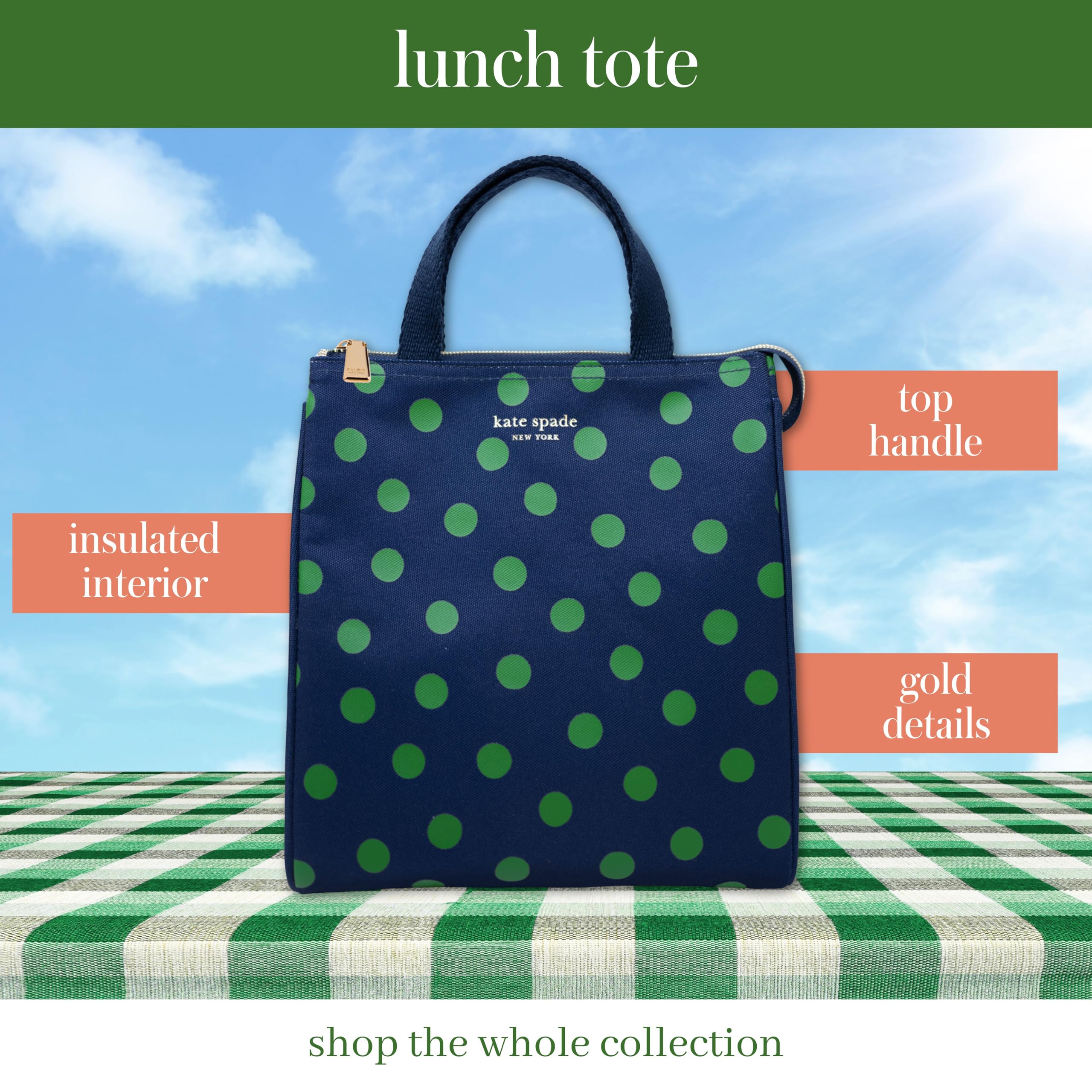 kate spade new york Bolsa de almuerzo portátil suave y térmica con forro interior aislado y bolsillo de almacenamiento, bolsa de almuerzo para mujer, diseño de lunares soneto