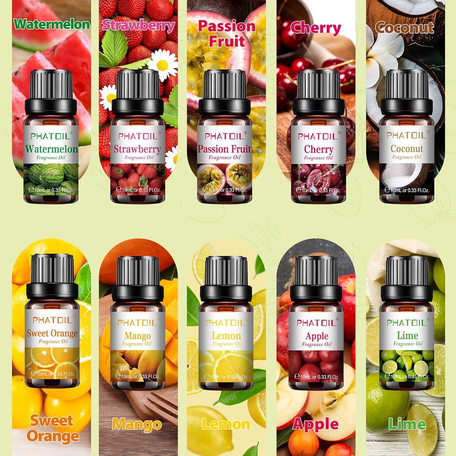 PHATOIL 10Pcs Fruity Fragrance Oil Set, Coconut, Cherry, Apple, Strawberry, Mango Oils for Candle Making, Freshie Scents for DIY Soap Making, Diffuser Oil Scents Set - Image 3