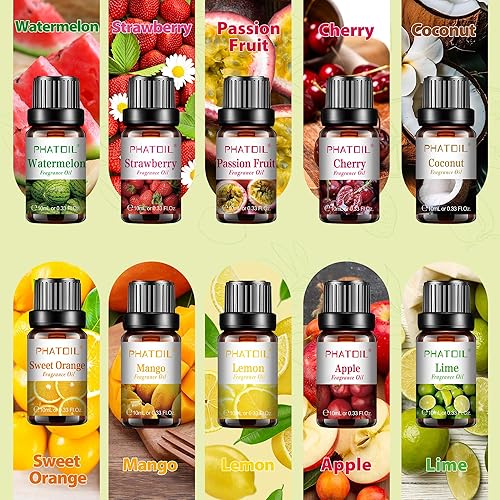Miniatura 3 de PHATOIL Juego de 10 aceites aromáticos frutales, coco, cereza, manzana, fresa, mango para hacer velas, aromas Freshie para hacer jabón de bricolaje,