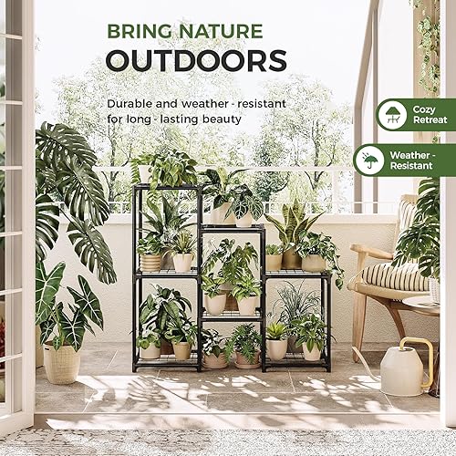 Miniatura 6 de Estante para plantas para interiores y exteriores, soporte de 3 niveles para múltiples plantas, macetas, impermeable, soporte de flores de metal,