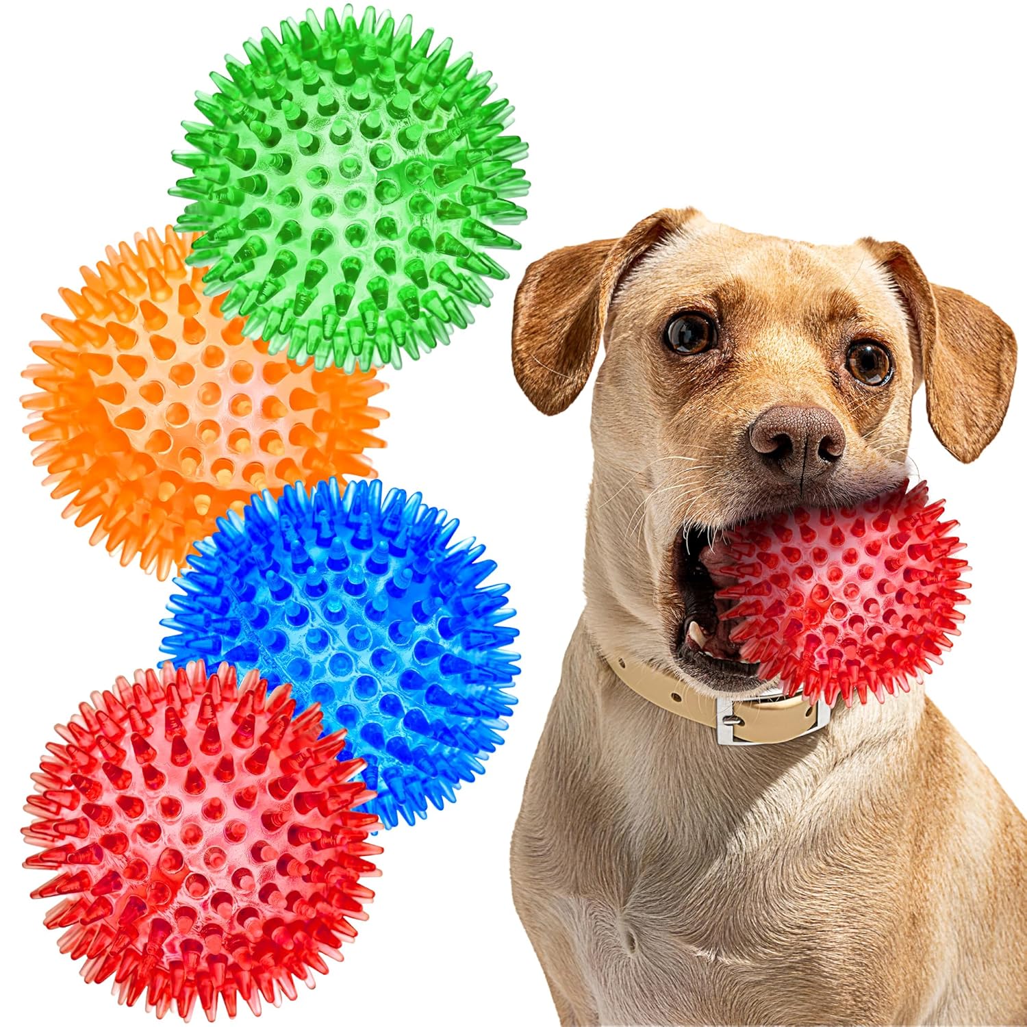 SHARLOVY 3 Squeaky Balls for Small Dogs 4 Colors Spiky Dog Balls for Puppy Teething Durable Puppy Chew