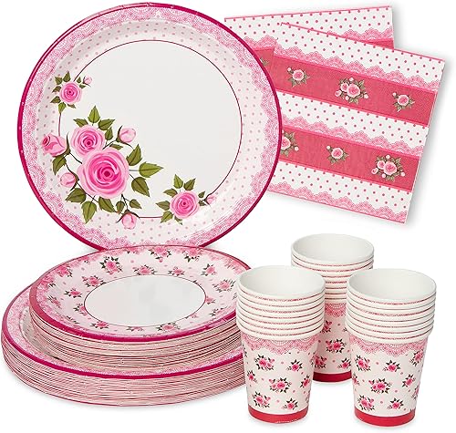 Royal Bluebonnet Suministros para fiestas florales de Pascua, juego de 24 platos de papel rosa (7 y 9 pulgadas), servilletas de papel y vasos de