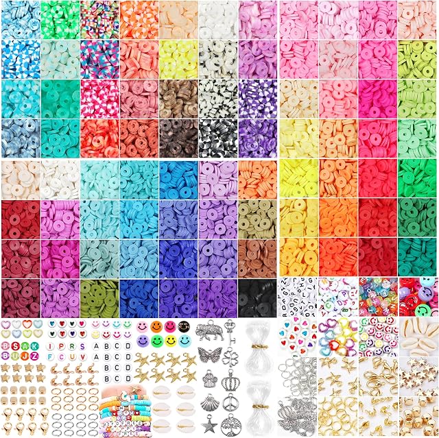 ALinmo 13200PCS 84 Colors Clay Beads for Bracelet Making Kit Flat Round Polymer Clay Beads Spacer Heishi Beads for Jewelry Making with Pendant Charms Kit Letter Beads and Elastic Strings