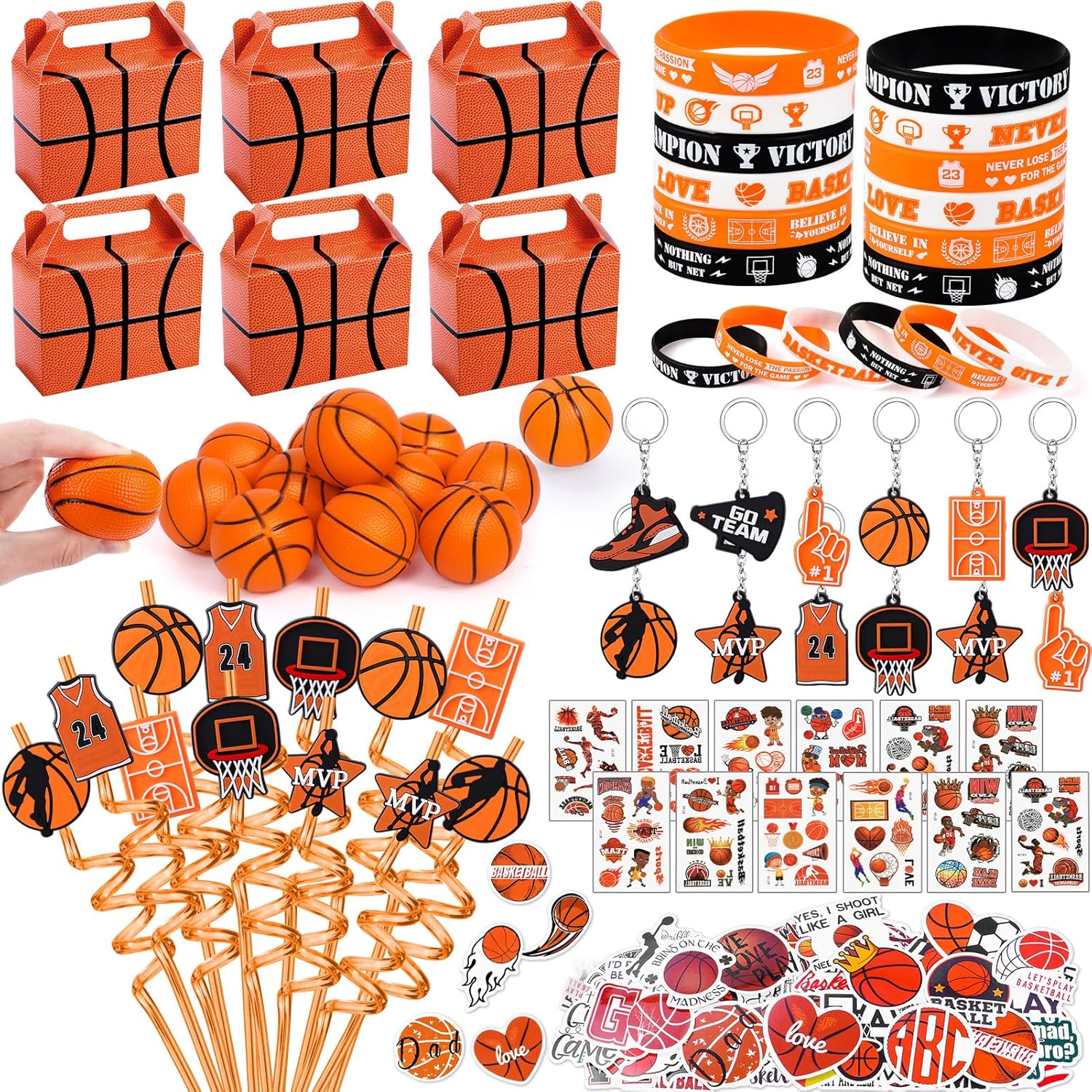 Winrayk 122Pcs Basketball Party Favors Birthday Supplies, Gift Bags Straws Stress Balls Tattoo Stickers Silicone Wristbands, Gifts Toys Goodie Bag Stuffers Sports Basketball Party Supplies Decorations