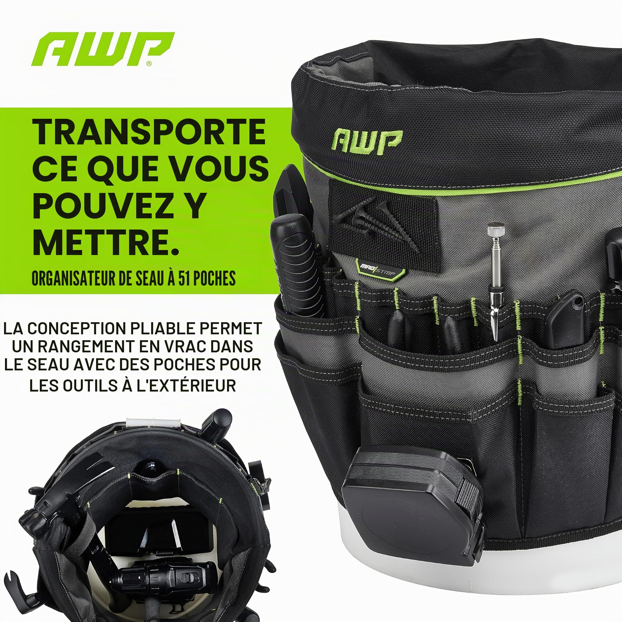 AWP 51-Pocket Bucket Tool Organizer for Easy Tool Access, Fits Most 5-Gallon Buckets, Water-Resistant Construction