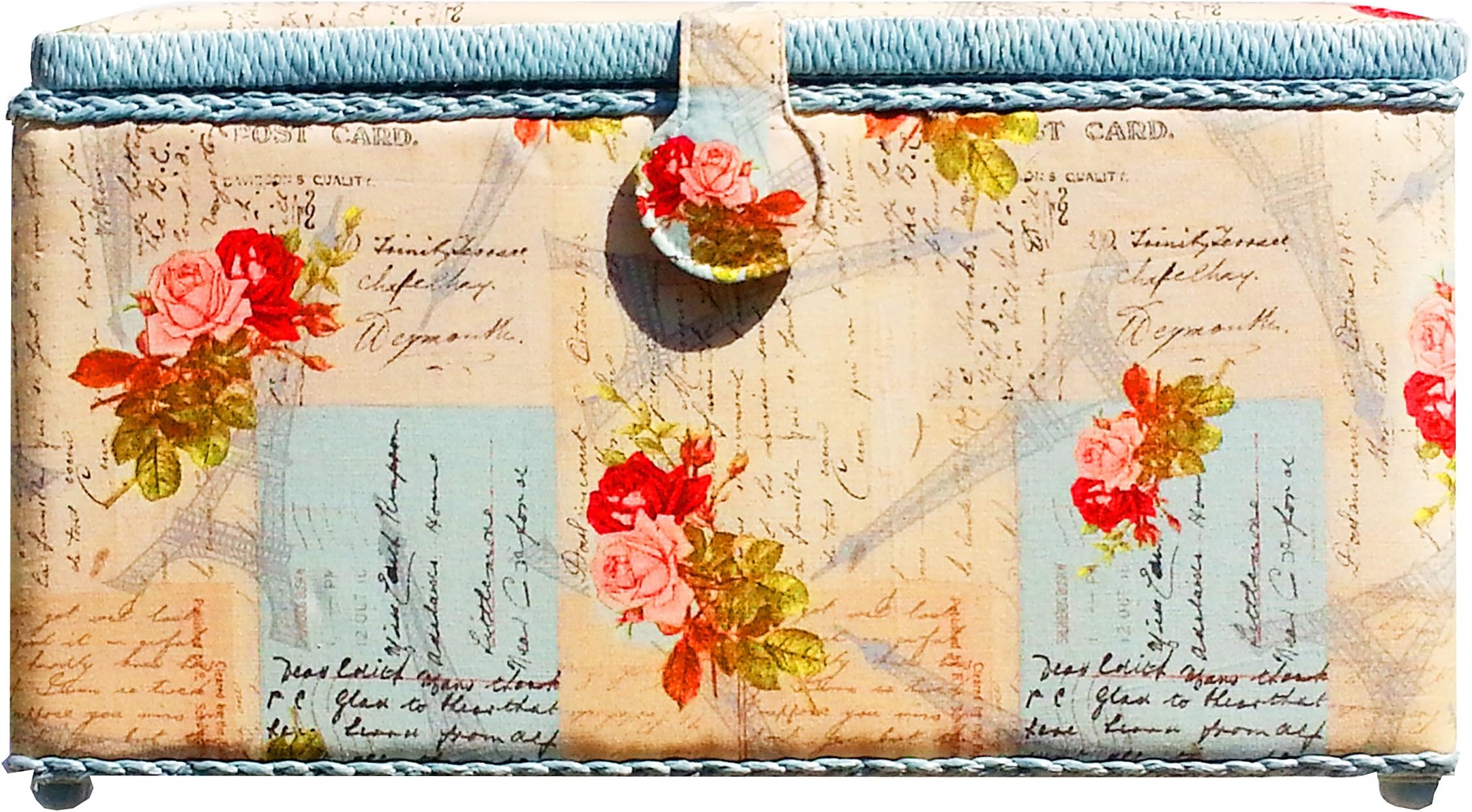 Dritz St Jane Extra Large Rectangle Sewing Basket (X-Large 15-1/4” x 10-1/4” x 8-3/4”, Paris Print Light Beige with Blue Trim with Eiffel Towers Postcards Roses)