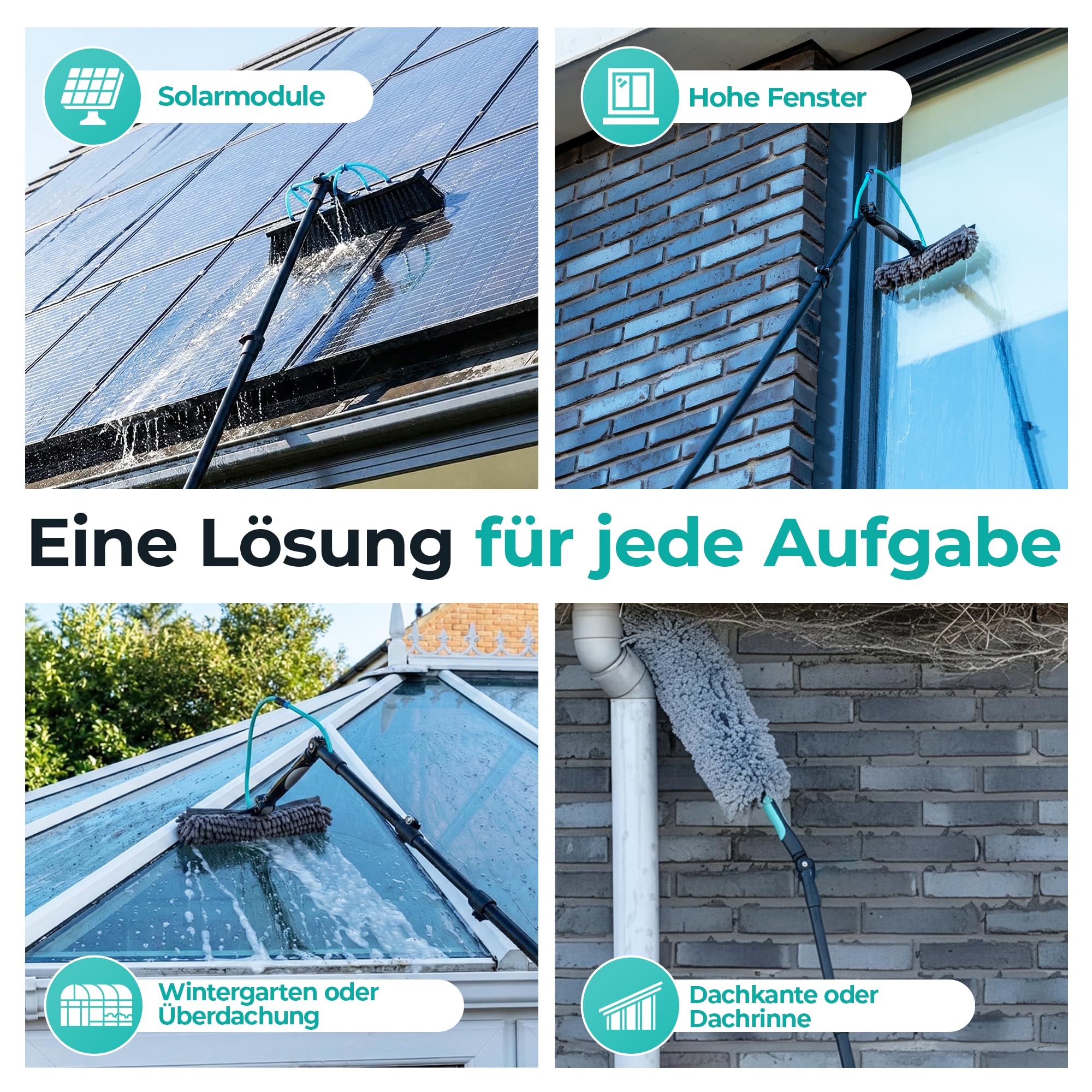 VENTRA Teleskop-Waschbürste 7,2M – Extra Große Bürste (34 cm) - 4 Wasserauslässe – Fensterheber & Staubwedel – Edelstahl Teleskopstiel – Inklusive Handschuhe & Mikrofasertuch