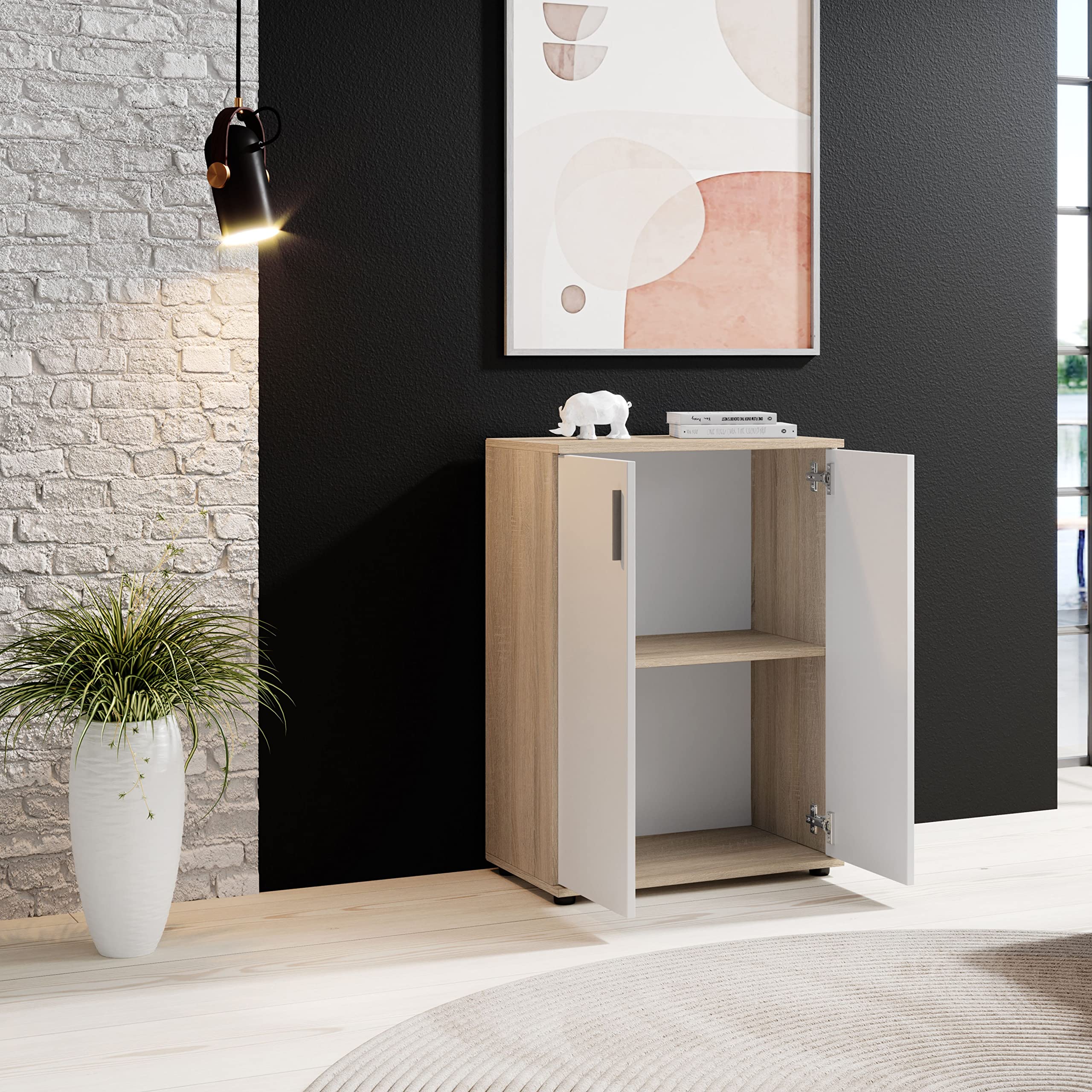 Stella Trading BOBBY, Cassettiera, effetto rovere Sonoma, bianco, credenza elegante con ampio spazio disponibile per la zona giorno; 60 x 82 x 35 cm, L x A x P
