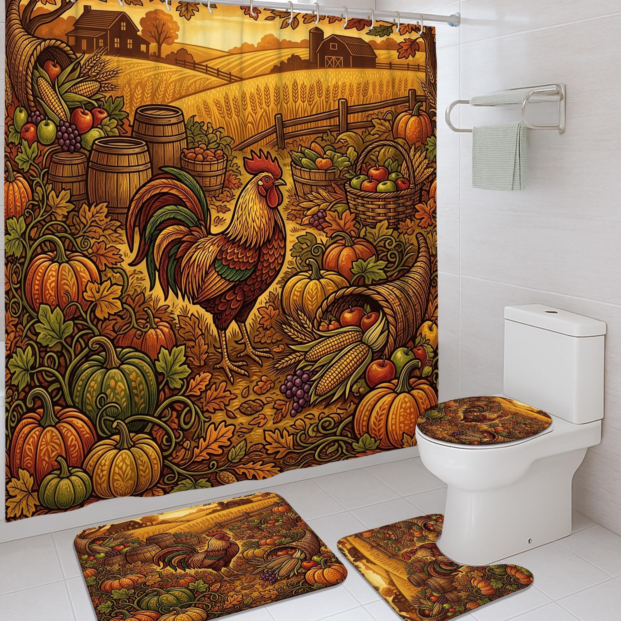 Rideaux de douche rustiques en polyester haut de gamme avec tapis de bain orange automne