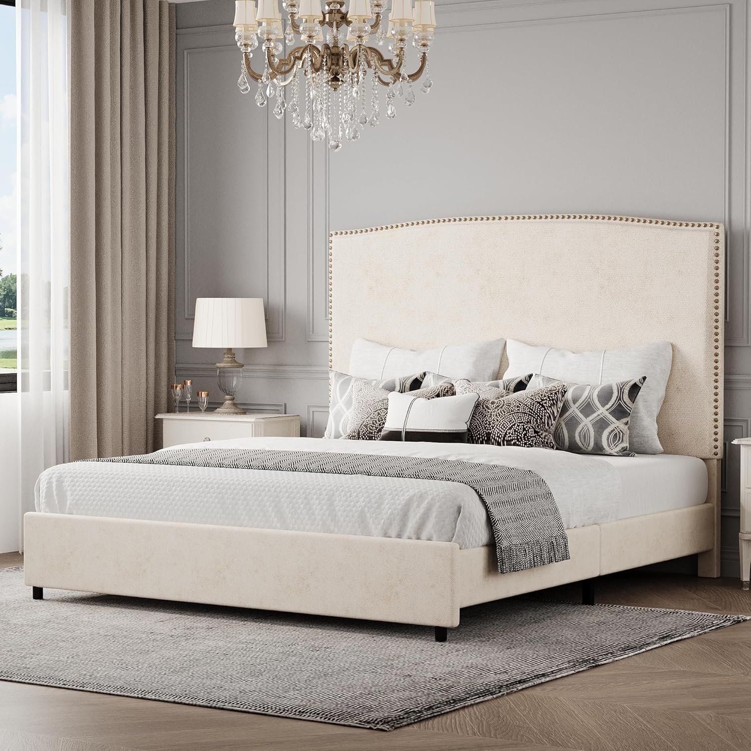 BarnFurin Queen Size Chenille Bed Frame with 56" Tall Headboard, Upholstered Platform Bed with Nailhead Trim Headboard, Soft Boucle Fabric, No Box Spring Needed, Easy Assembly, Beige