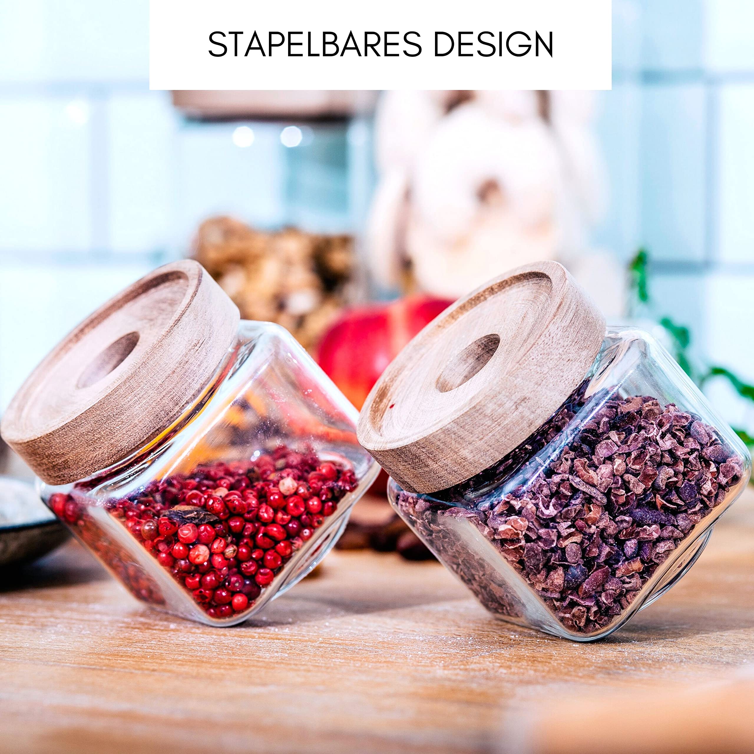 Econovo® Tarros para especias rectangulares con tapa (6 piezas) de vidrio de borosilicato soplado a boca, tarros para especias, tarros de cristal para especias y alimentos, pequeños 220 ml