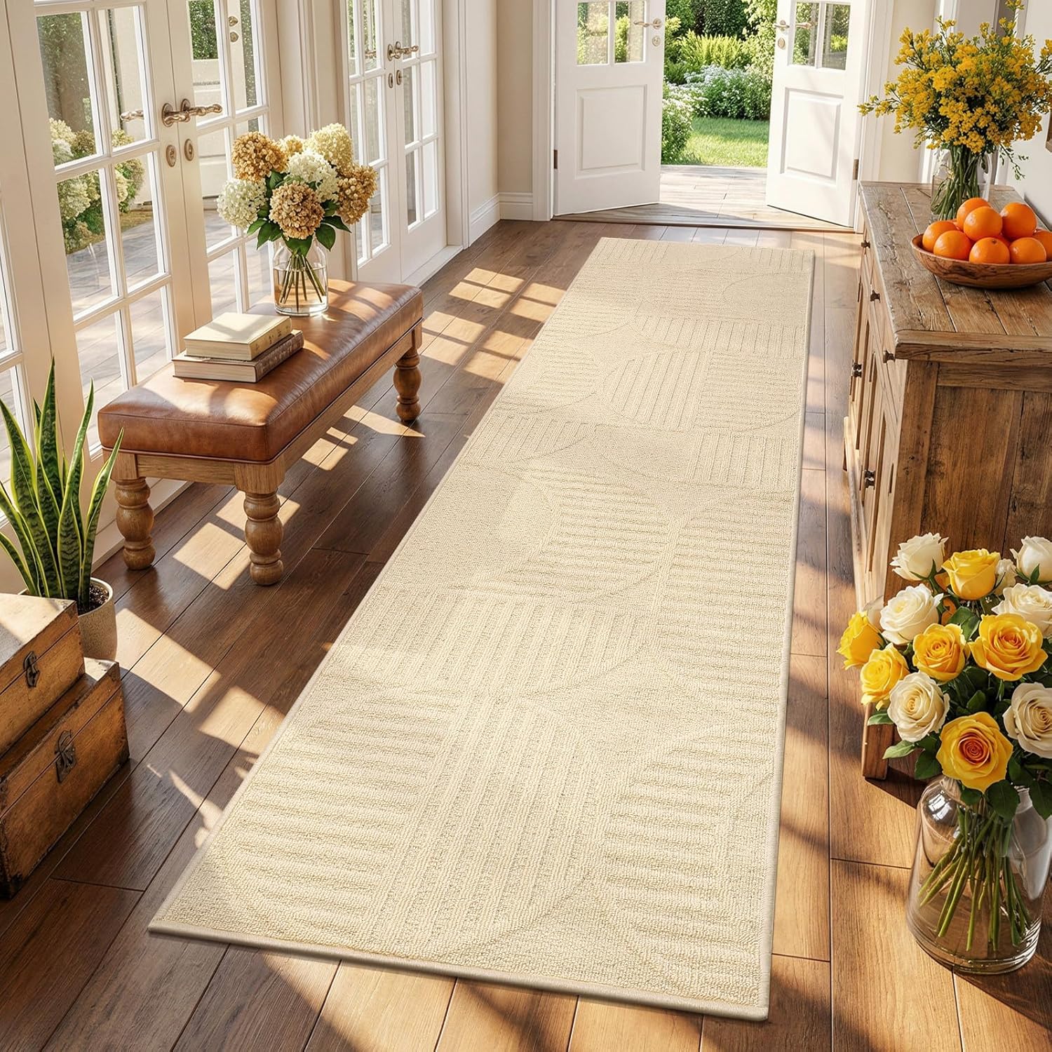 Findosom Washable Runner Rug 2x10, Geometric High-Low Textured Non Slip Hallway Runner Rug with Rubber Backing, Boho Carpet Runner for Kitchen, Bedroom, Laundry, Entryway, Bathroom, Beige