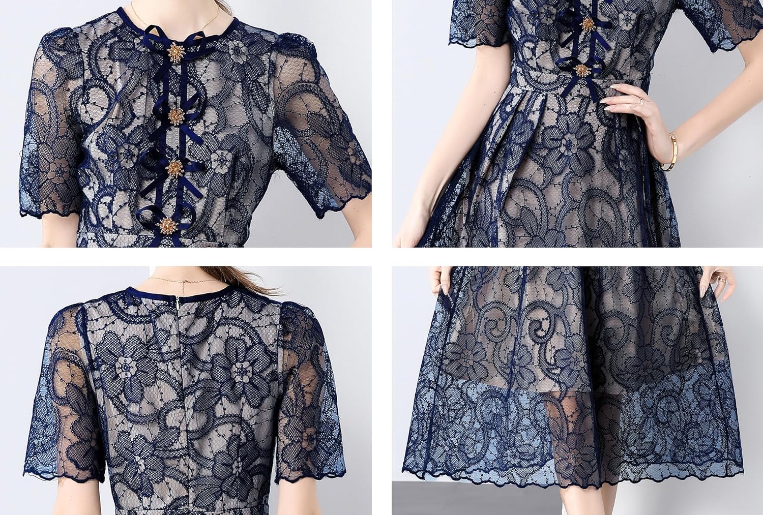 LAI MENG FIVE CATS Women's Puff Sleeve Crewneck Lace Mesh Embroidery Single-Breasted Buttons Midi Dress - Image 7