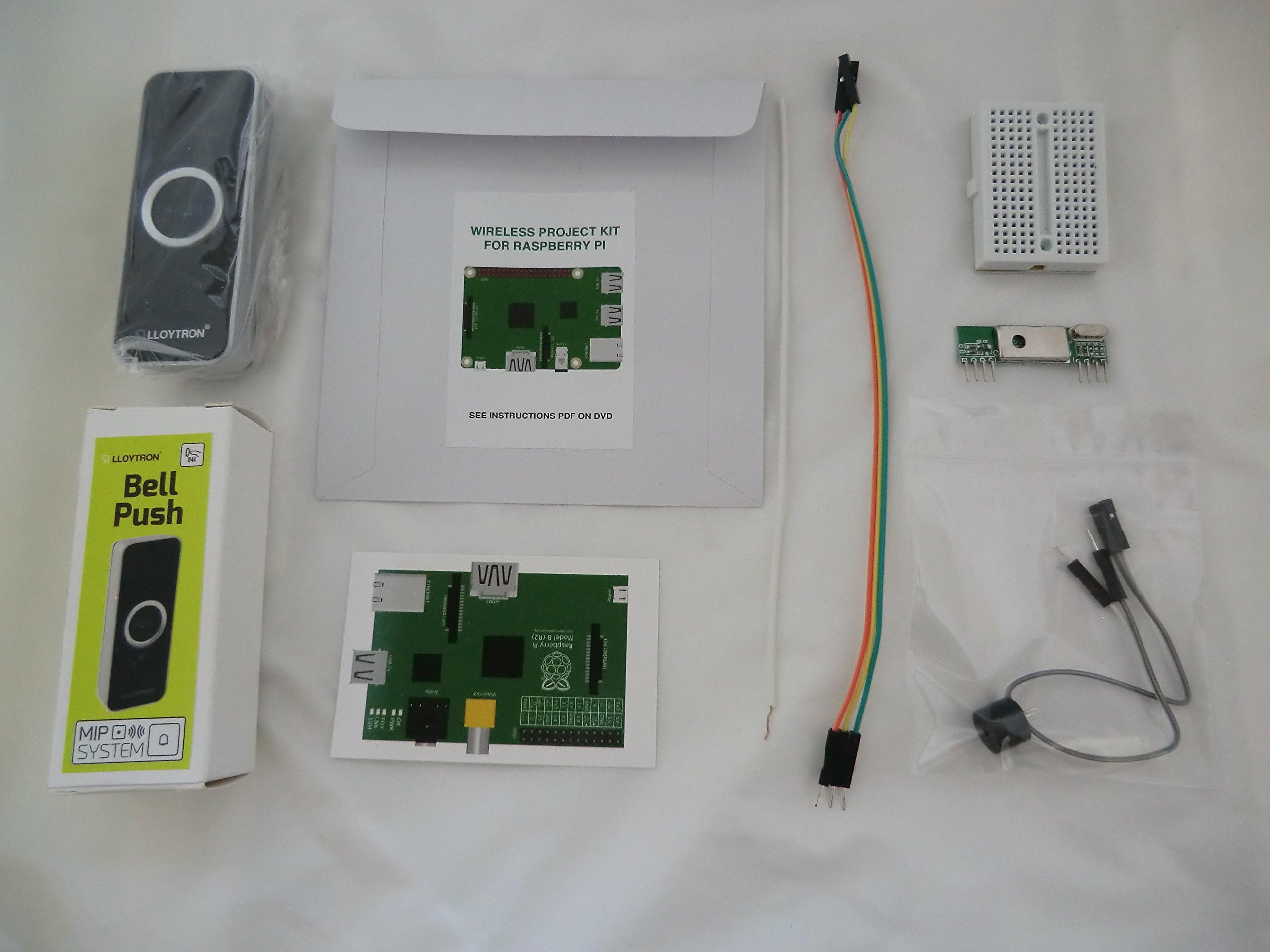 Internet & MP3 Doorbell (black) project kit for Raspberry Pi 4 (1GB/2GB/4GB), Pi 3 and Pi Zero WH models. Kit includes a Lloytron MIP wireless doorbell & 433MHz wireless receiver kit for Raspberry Pi. DVD includes a selection of MP3 gongs, sirens & bells, that your Pi can play when someone presses the doorbell. You can also have your Raspberry Pi take a photo of the visitor & email it to your mobile phone. Includes hardware, software and instructions.
