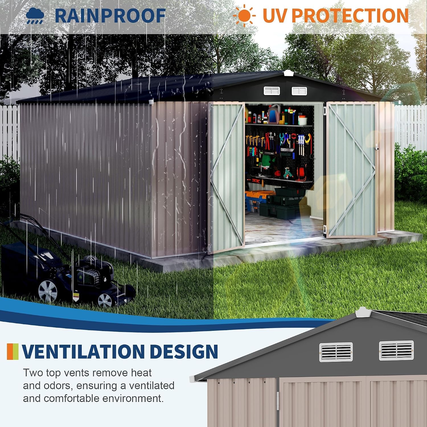 12x12 FT Outdoor Metal Storage Shed, Garden Tool Metal Shed with Lockable Doors & Vents, Large Waterproof Tool Shed for Backyard Garden Patio Lawn