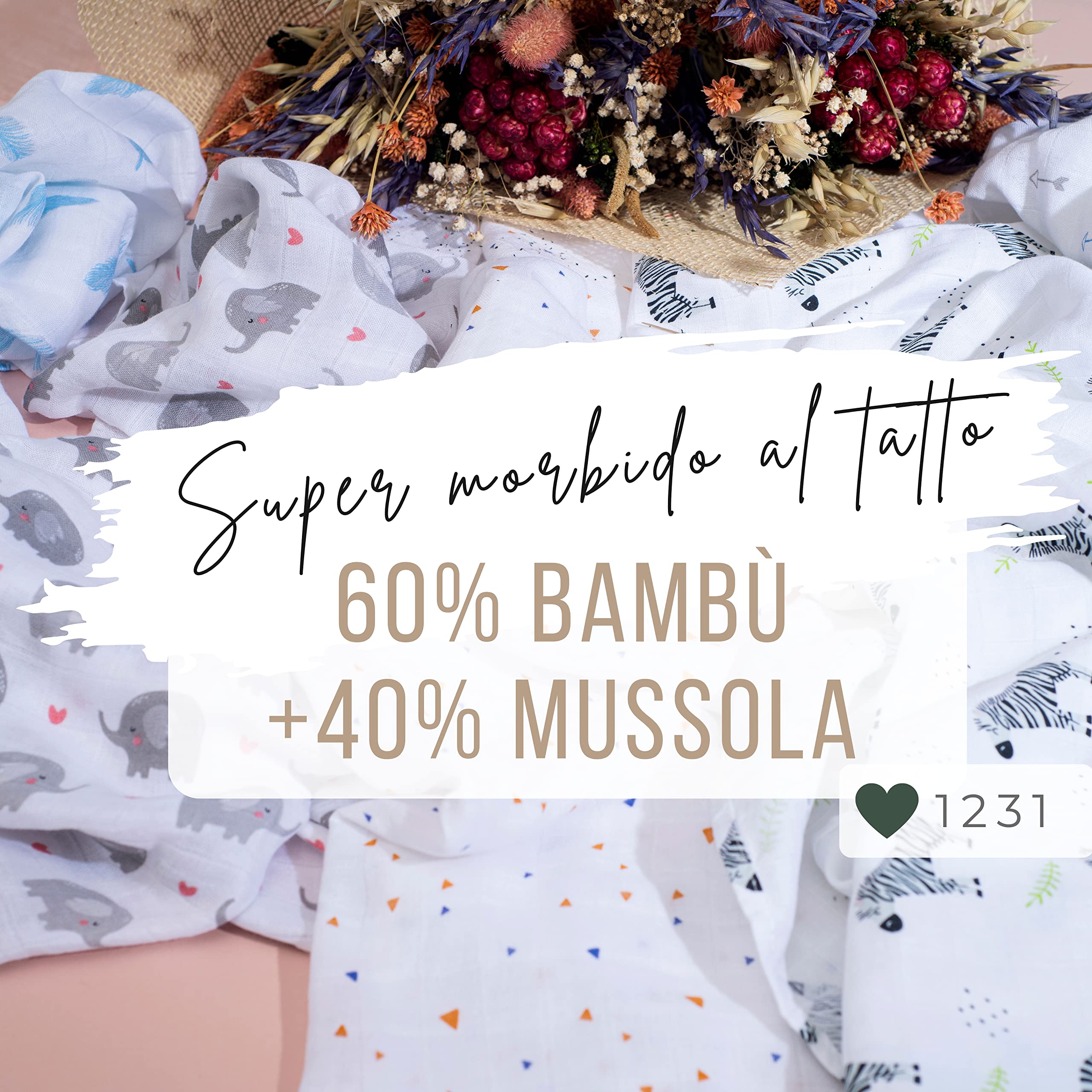 Mussola Neonato in Cotone 70x70 - 60% Fibra di Bambù 40% Cotone - Garze Morbide e Traspiranti per Neonati