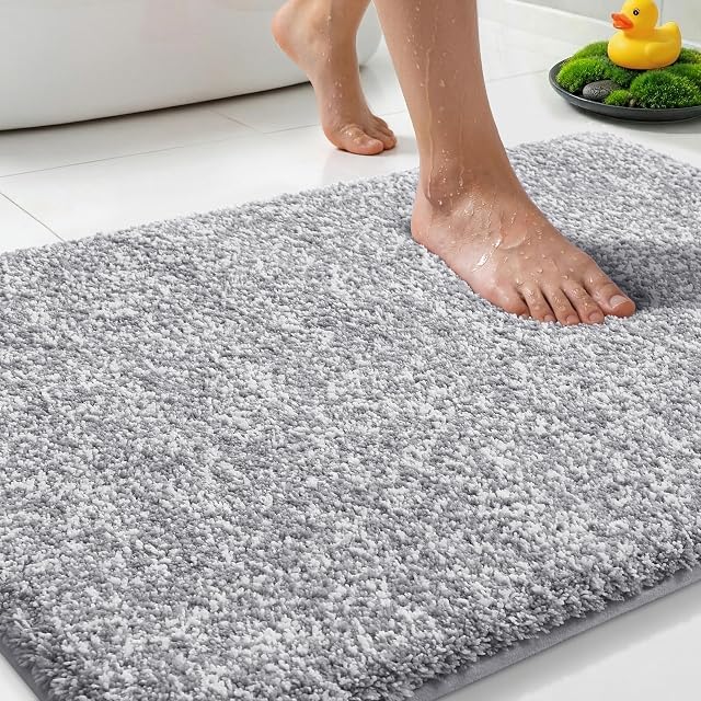 Yimobra Bathroom Rugs Non Slip Washable,Soft Absorbent Microfiber Bath Mat, Dual-Tone Decor Rug with Rubber Backing for Bathroom Floor,Tub and Shower,32x20, Home Essentials,Grey and White