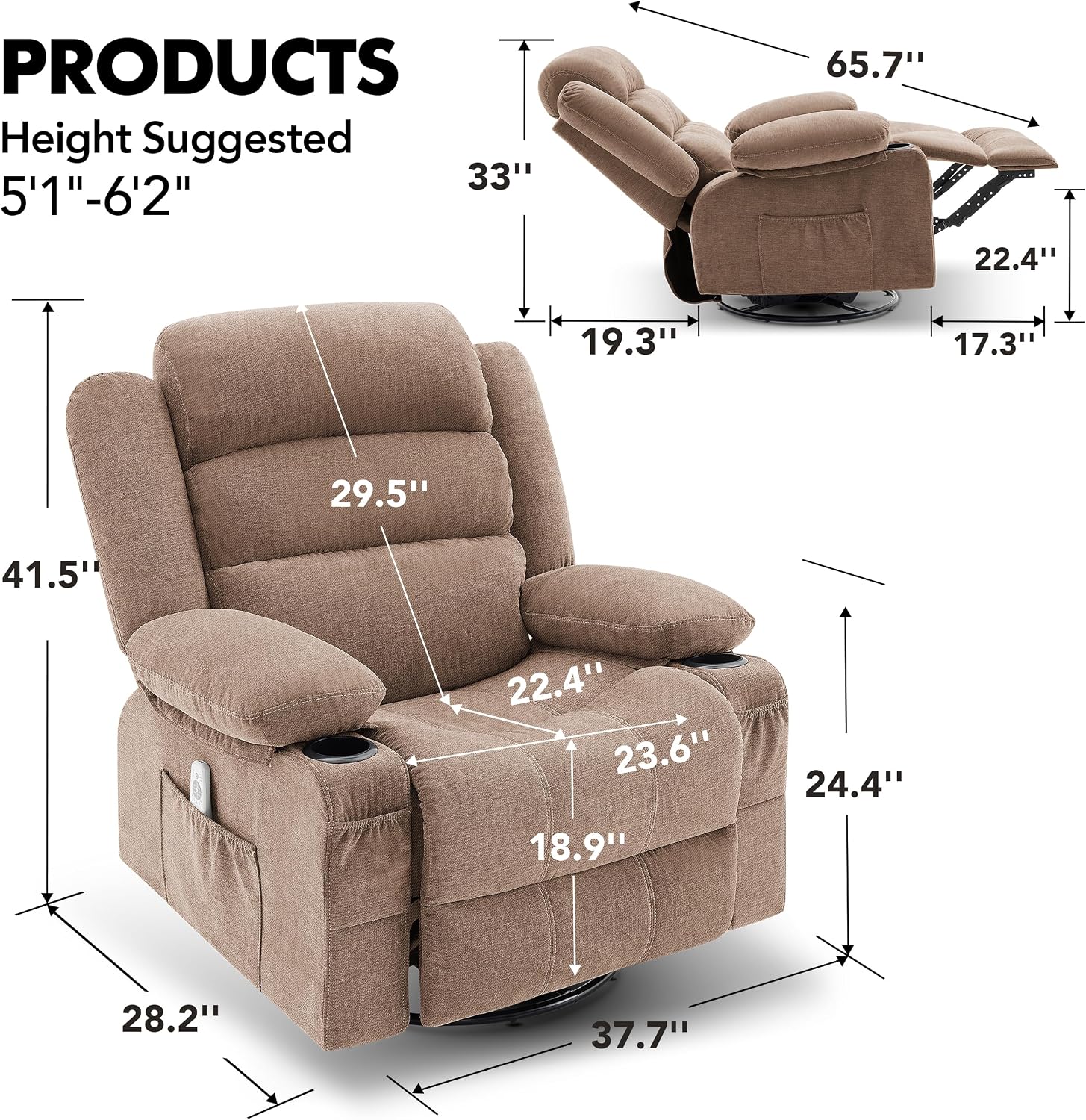 Multi-functional Rocker Recliner Heat Massage Swivel Cup Holders - Manual Brown