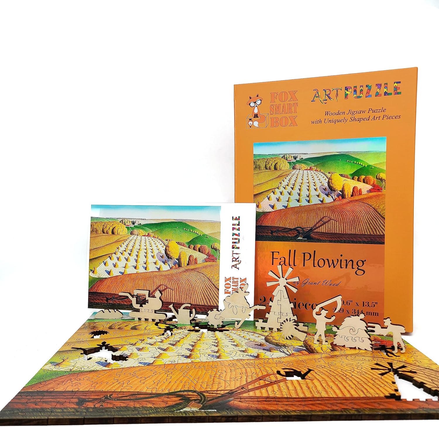 Wooden Puzzle for Adults - Uniquely Shaped Pieces - Made in The USA by FoxSmartBox - 242 Pieces - Fall Plowing