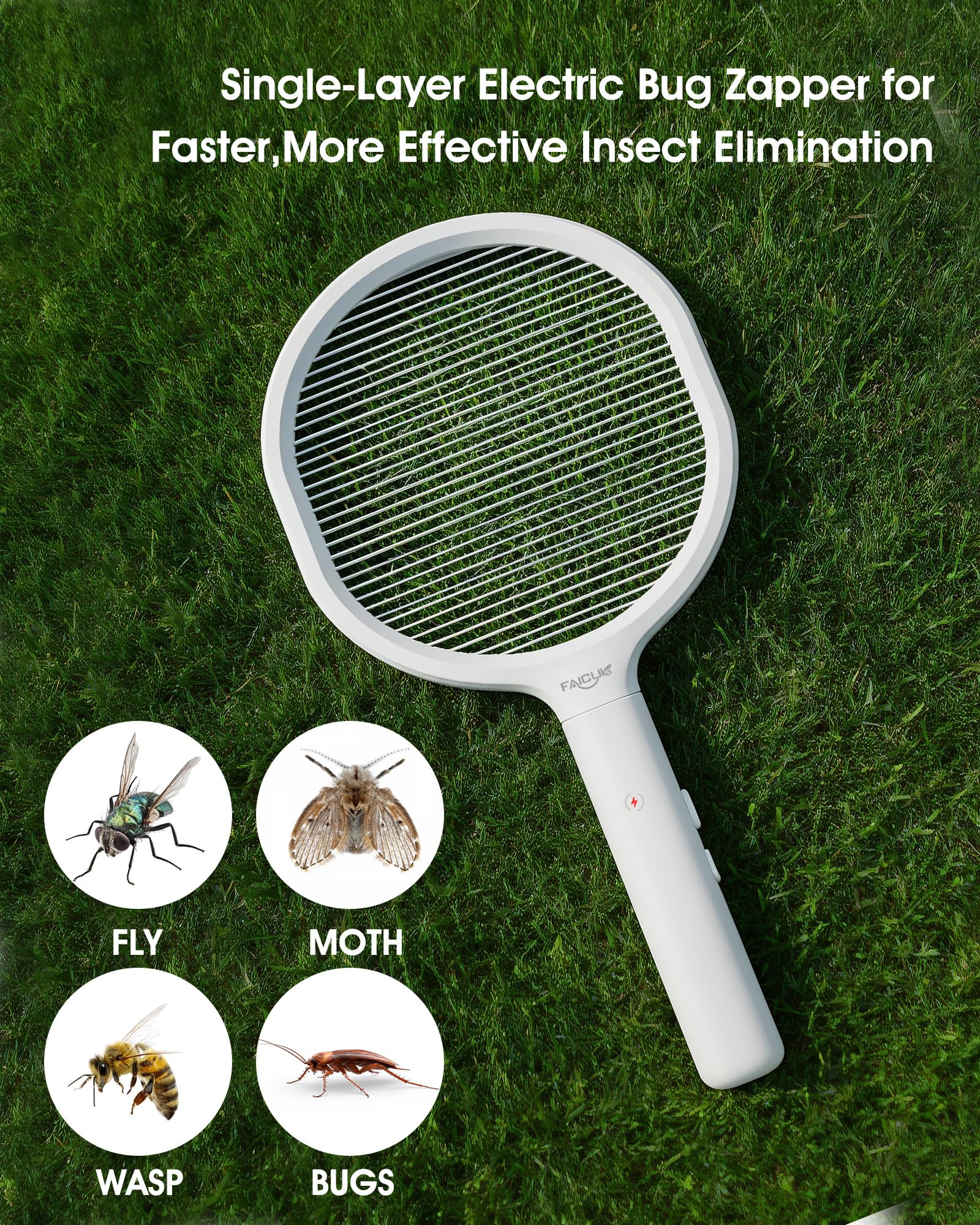 Faicuk Tapette anti-insectes à pile unique pour grands insectes – Guêpes, abeilles, chevaux, mouches, mites, intérieur et extérieur (blanc + noir)