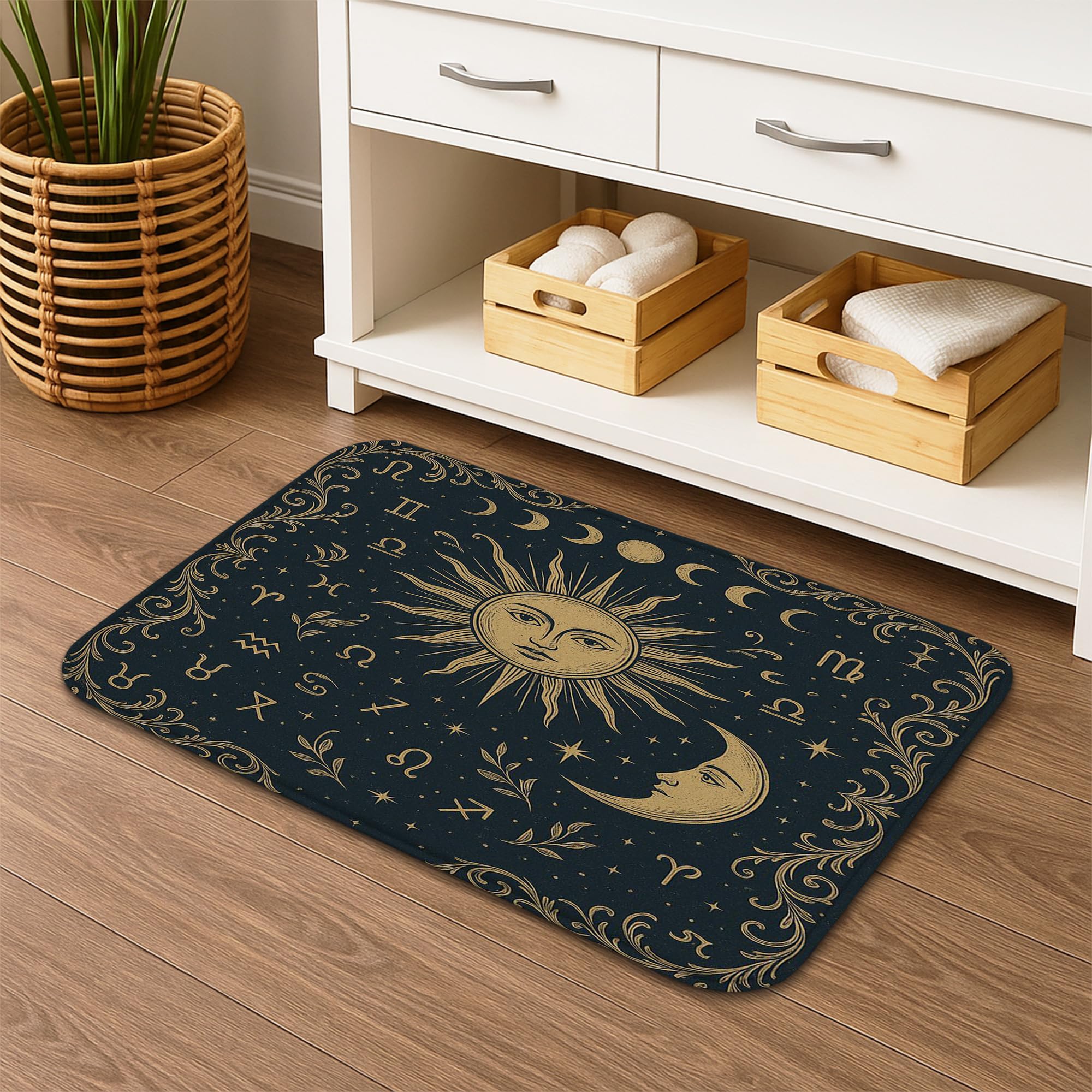 Mystical Astrology Quick Dry Bath Mat, Vintage Celestial Moon Sun Absorbent Non Slip Shower Mat, Medieval Memory Foam Washable Bath Rugs for Bathroom Toilet Restroom Decorative 20x32 Inch