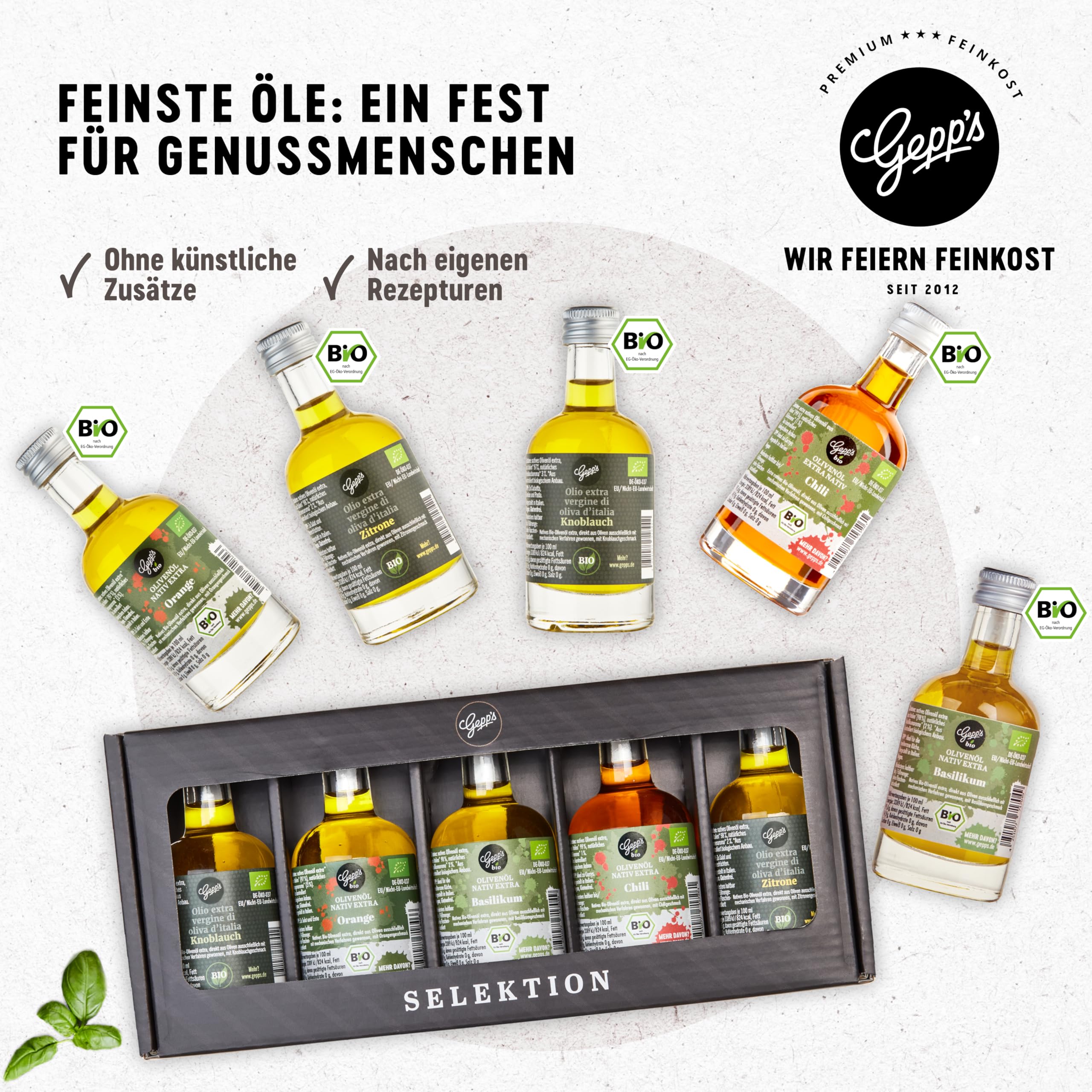 Gepp‘s Feinkost Öl Geschenkbox „Öl-Clutch“ I Gewürzöl Set mit 5 erlesenen BIO-Ölen I Olivenöl Basilikum, Chili, Knoblauch, Orange & Zitrone I Geschenkidee für Männer & Frauen