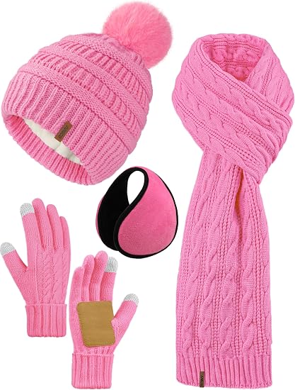 4-in-1 Women Winter Beanie Hat Scarf Touchscreen Gloves Ear Warmer Set Fleece Lined Warm Knit Skull Cap with Pom Pom