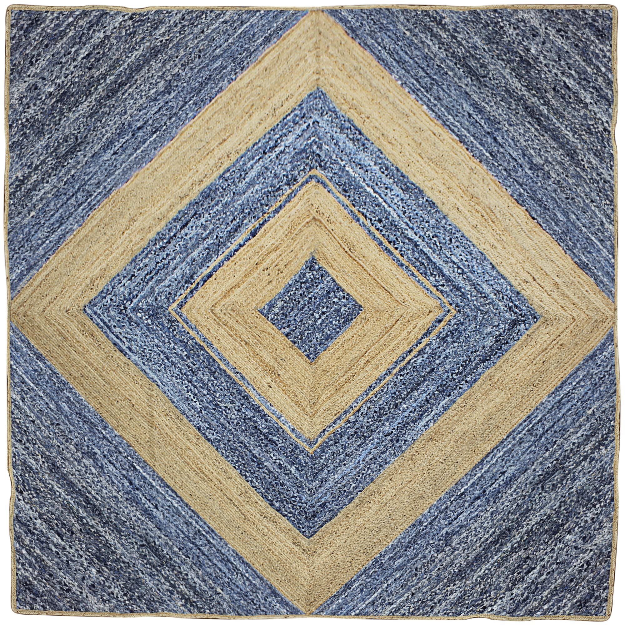 Tapis rectangulaire Chindi bleu en coton et jute tressé haut de gamme
