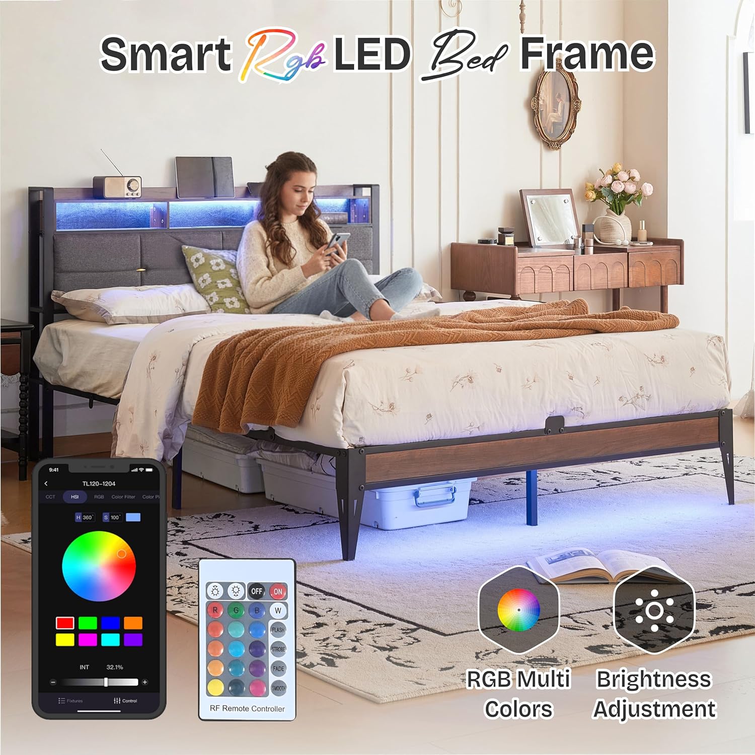 Full Size bed frame with headboard, Upholstered Platform Bed Frame with Charging Station, Dual LED Light Strips, 2-Tier Storage Shelves, Heavy Duty Metal frame, Noise-Free, No Box Spring Needed, Black