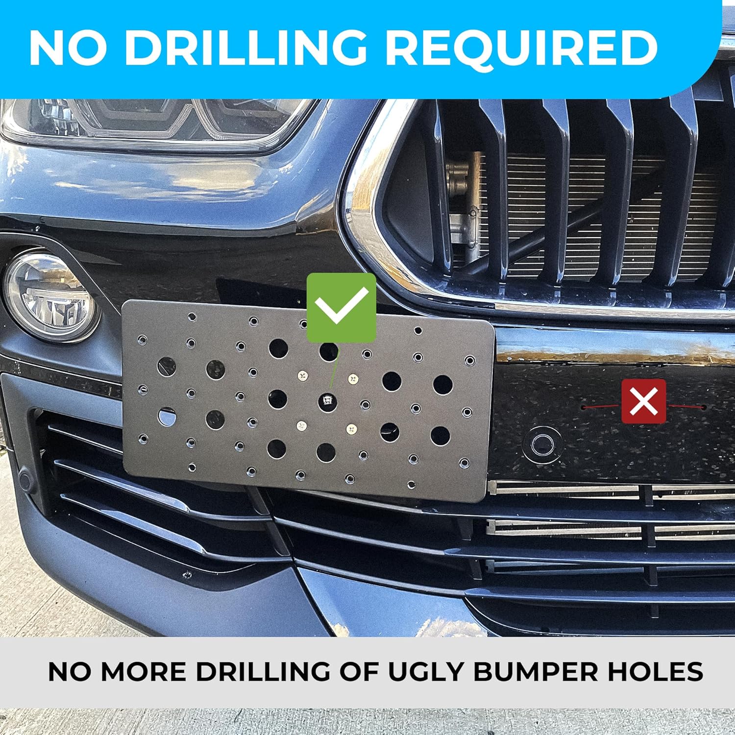 Front Bumper Tow Hook License Plate Mount Bracket for BMW X2 2018-2023, Plate Holder Set w Unique Screw Bolts & Black Screw Caps, License Tag Mounting Kit, Premium Car Accessories