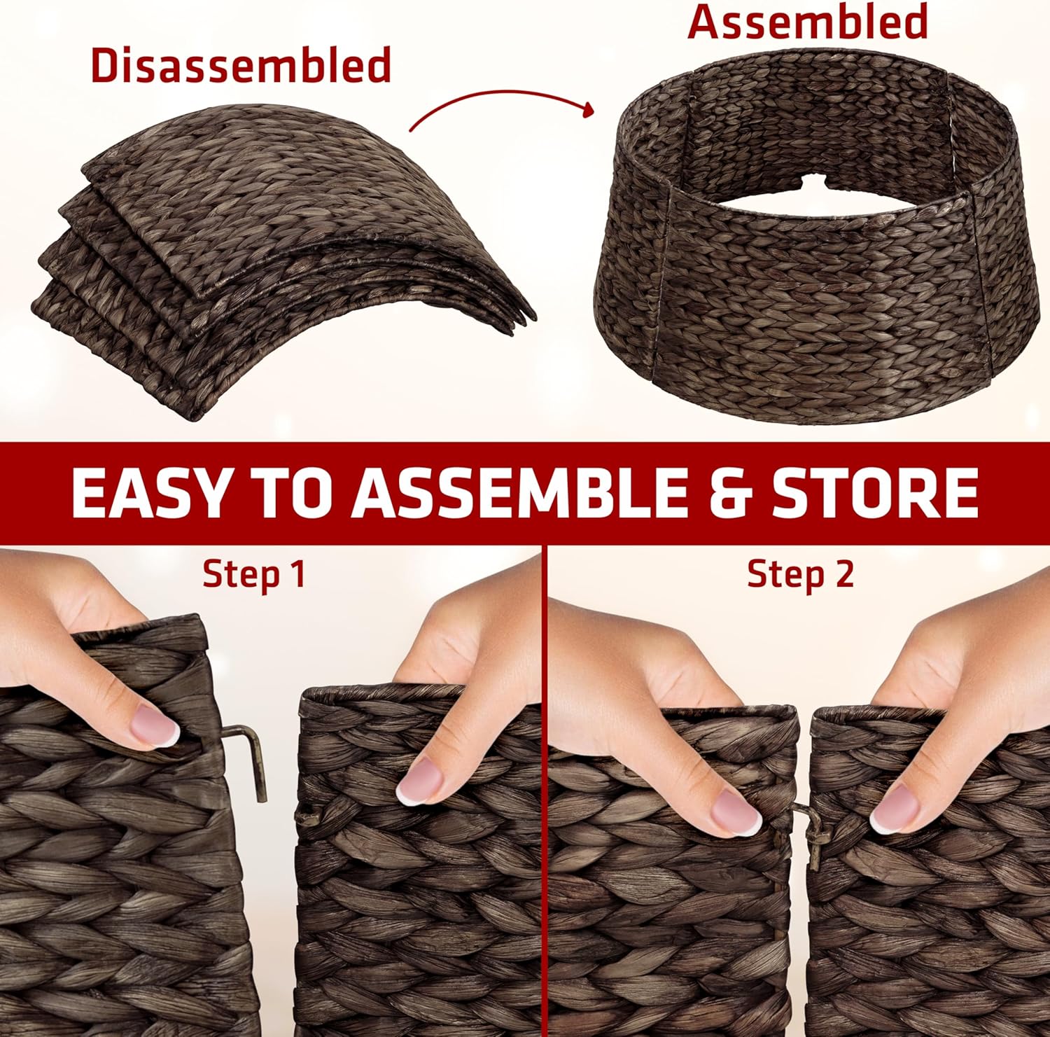 MIXUMON Handmade Water Hyacinth Christmas Tree Collar 24" – Rustic Basketweave Tree Base Cover, Eco-Friendly Skirt Alternative with Cord Cut-Out (Black)
