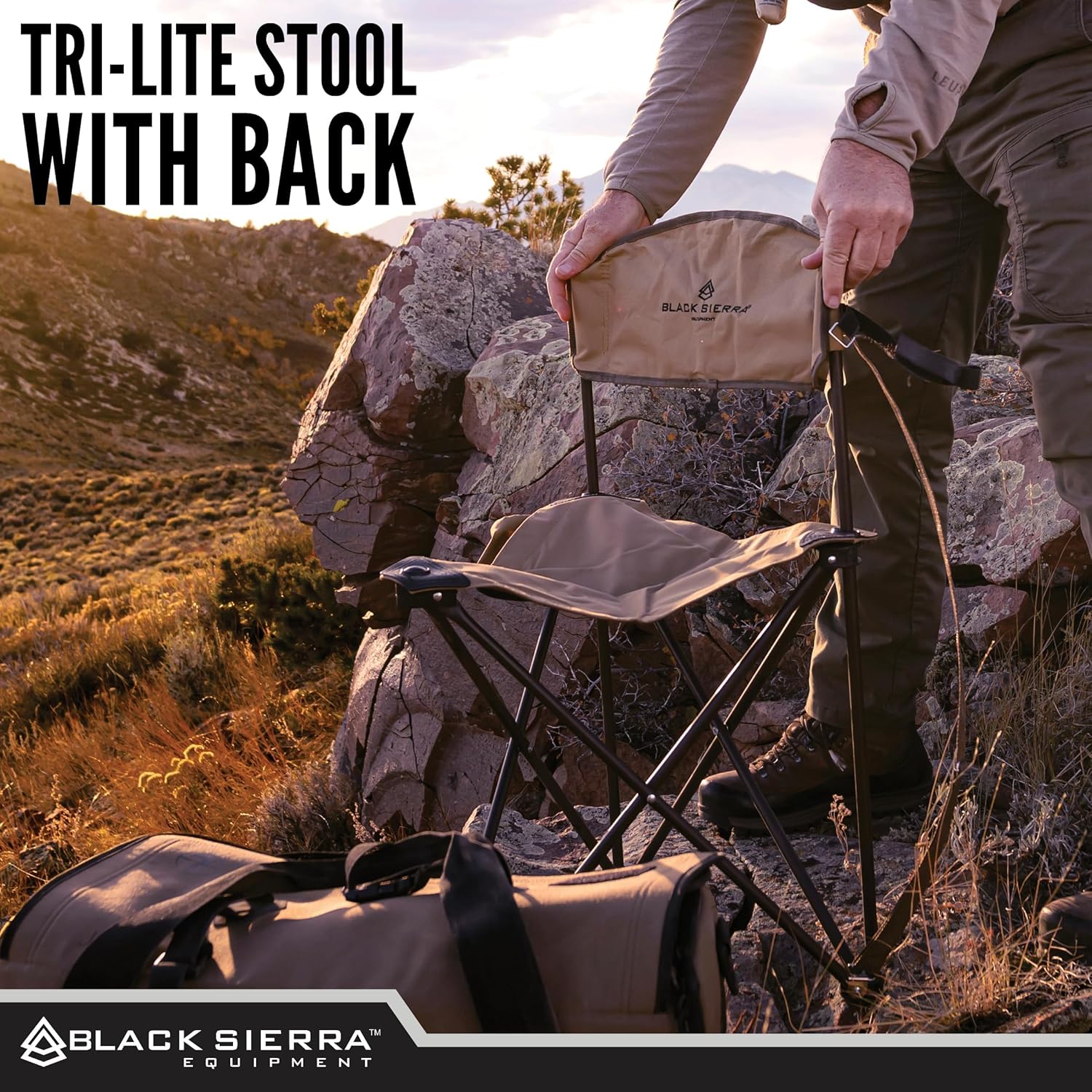 Black Sierra Tri-Lite Stool with Back Lightweight, Folding Chair, for in the Hunting Blind, Camping, and Fishing, Steel Frame Supports 225 LBS