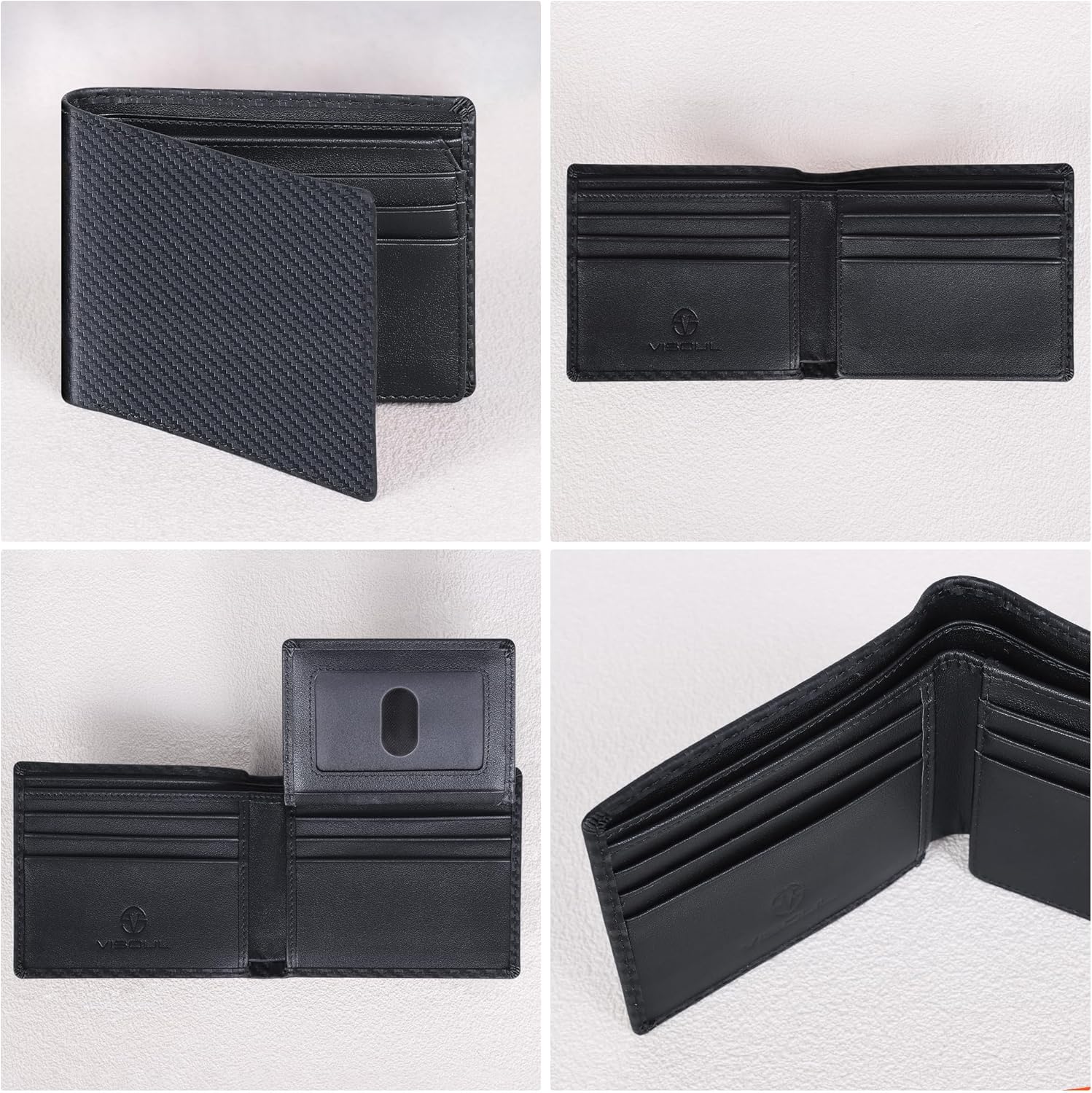 VISOUL Mens Carbon Fiber Leather Wallets Bifold with RFID Blocking, Designer Billfold Wallet with 1 ID window for Men (Black+Black)
