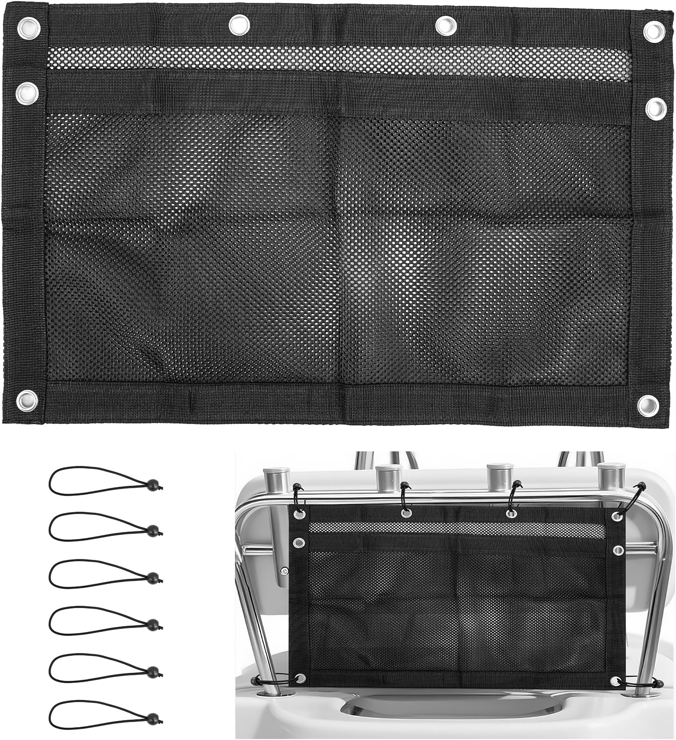 Upgrade Boat Storage Bag, Mesh Suspended Boat Seat Organizing Bag, Tackle & Life Jacket Boat Storage Organizer, Boat Storage Accessories for Boat/Truck SUV Travel Storage, 6 PCS Elastic Ring
