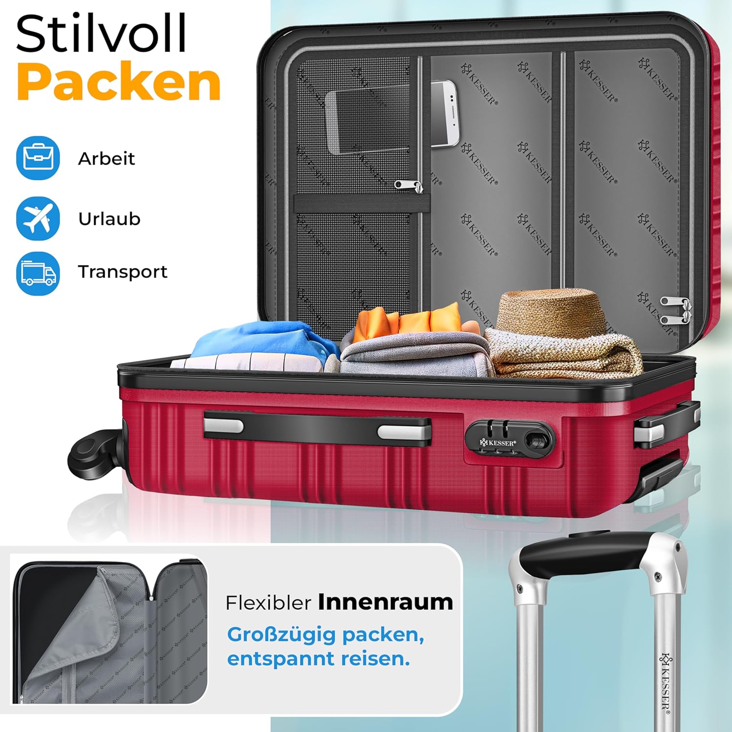 Image showing the organized interior of a KESSER suitcase with packed items, highlighting the flexible internal compartments and straps.