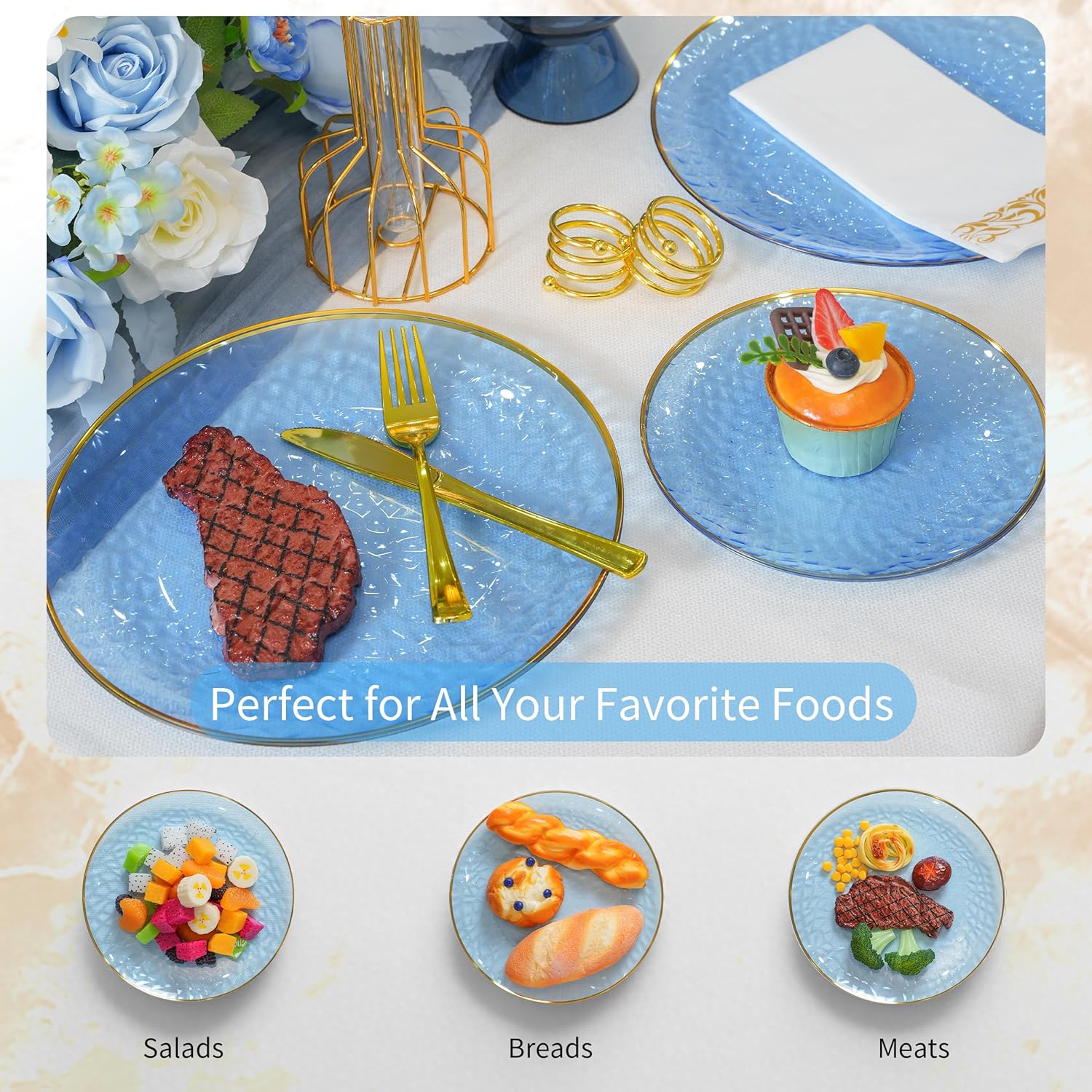 175Pcs Blue Disposable Plates, Clear Blue Plastic Plates for 25 Guests, Hammered Party Plate with Gold Rim, Plastic Dinnerware Set for Party Wedding - Image 5