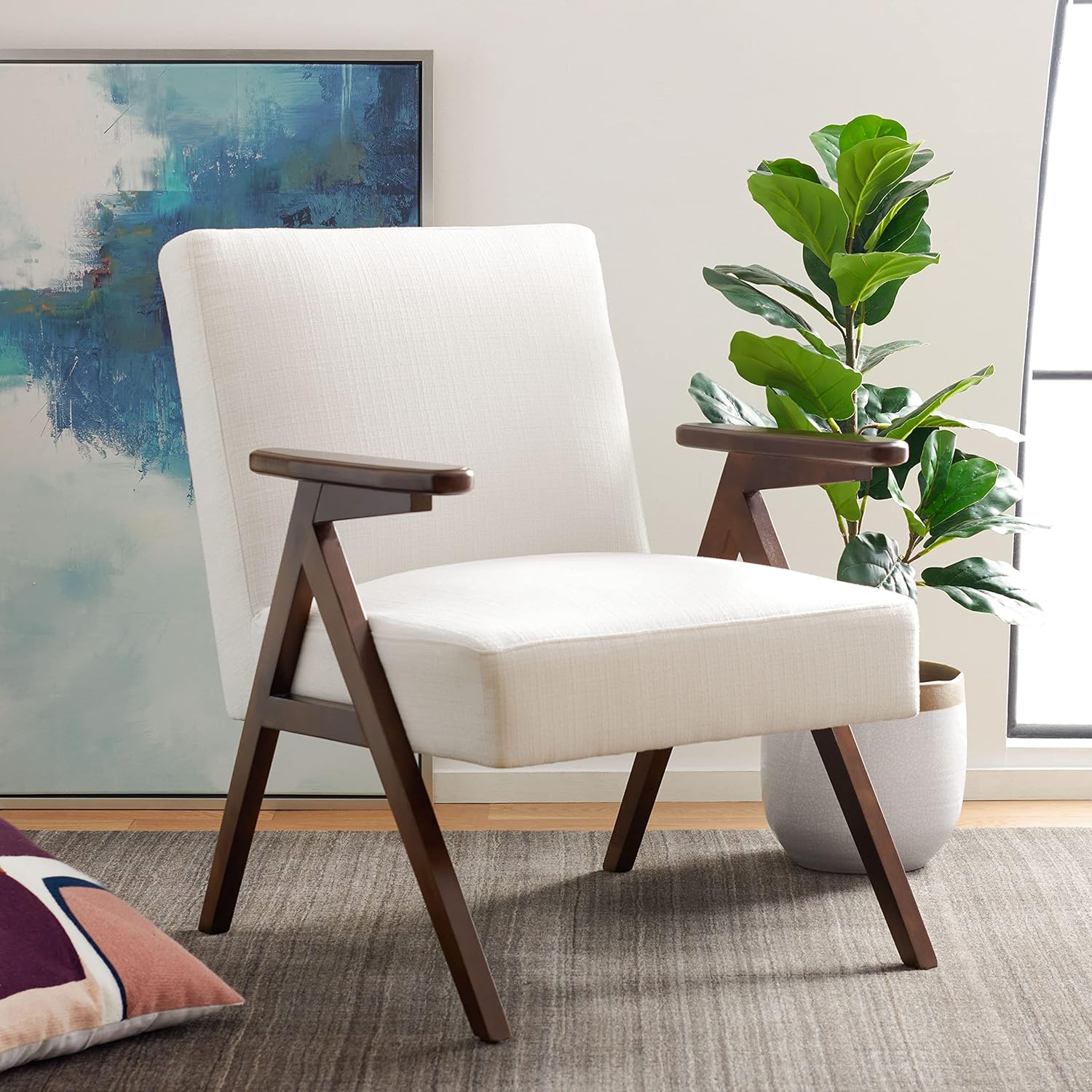 SAFAVIEH Home Collection Emyr Mid-Century White/Walnut Accent Arm Chair ACH4007B