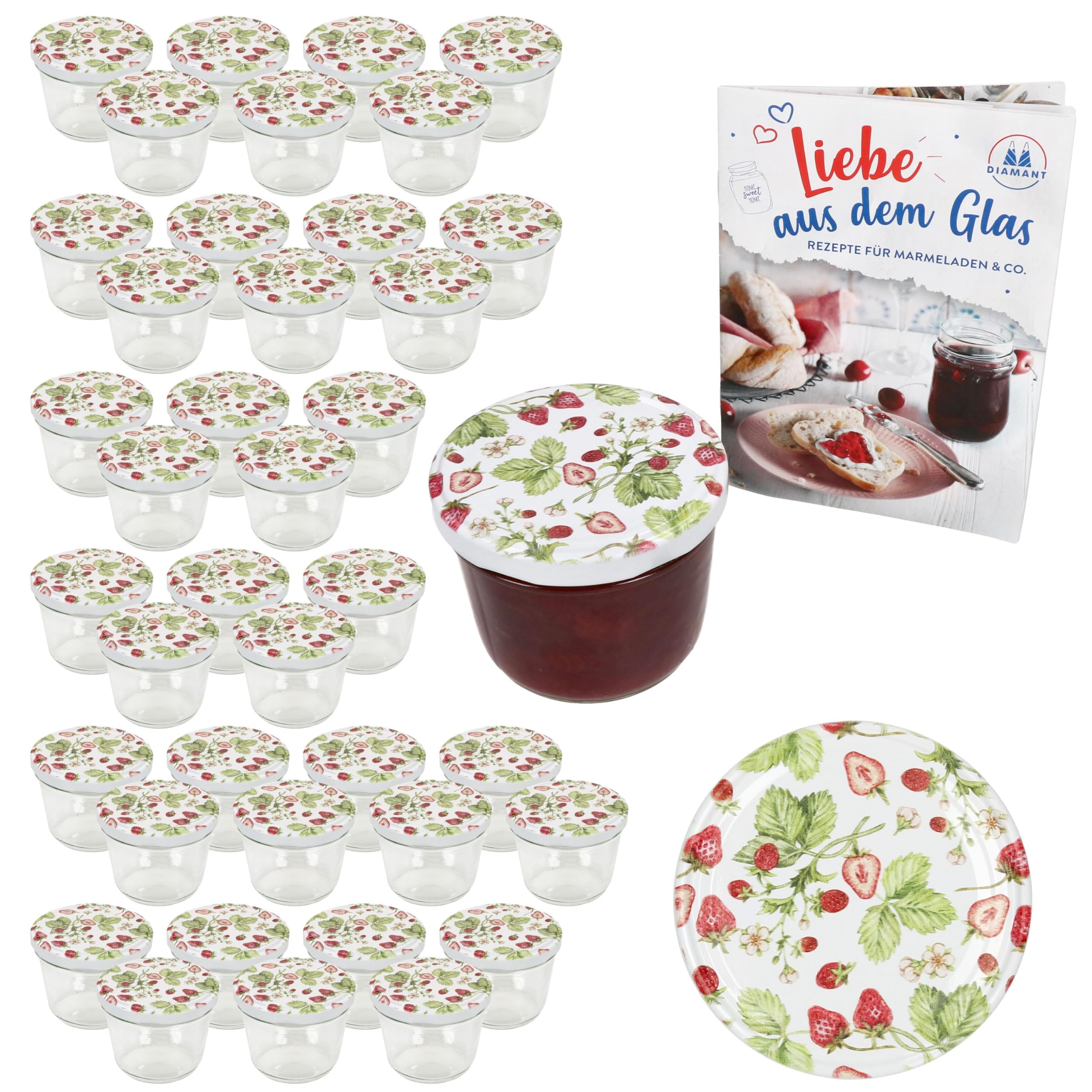 MamboCat Inmaakpotten, set van 100 stuks, 230 ml, met schroefdeksel, met liefde gemaakt, 82 deksels met recept voor diamantsuiker, voorraadpotten inkoken en conserveren