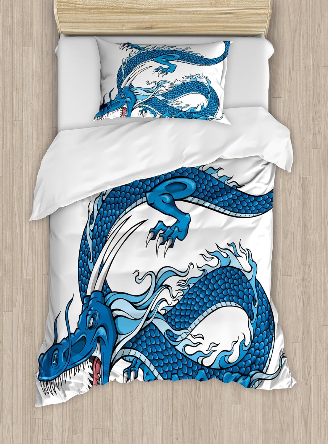 Ambesonne Fantasy Duvet Cover Set, Dragon Mythical Creature Japanese Culture Folk Print, Decorative 2 Piece Bedding Set with 1 Pillow Sham, Twin Size, Pale Blue Dark Blue Twin Pale Blue Dark Blue