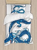 Vista 65 de Ambesonne Juego de funda de edredón color menta, líneas onduladas horizontales a rayas blancas abstractas de tonos suaves, exhibición de arte