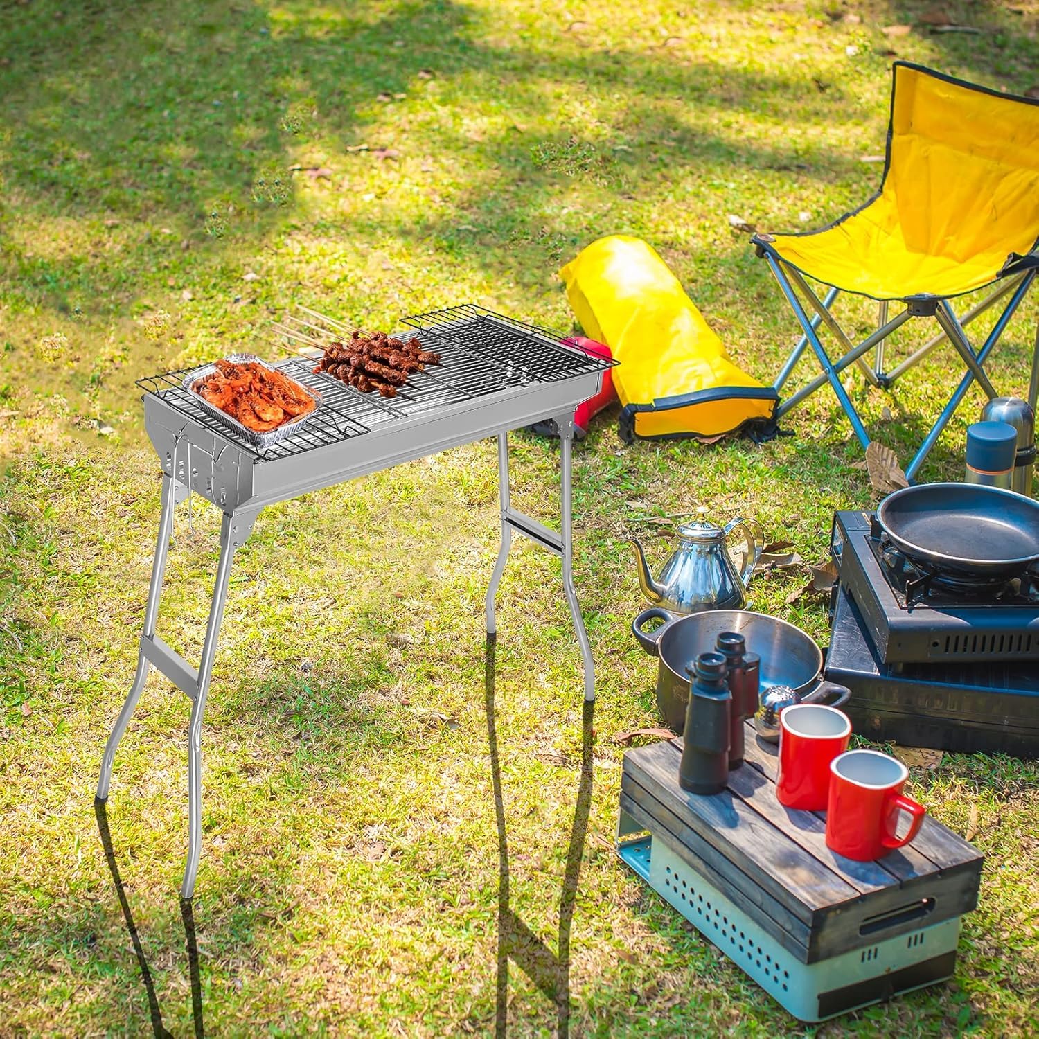 Leadzm - Barbacoa de carbón de leña, acero inoxidable, barbacoa plegable de camping, 70 x 31 x 71 cm, exterior, terraza, camping, barbacoa, uso de 5 a 10 personas (70 x 31 x 71 cm)