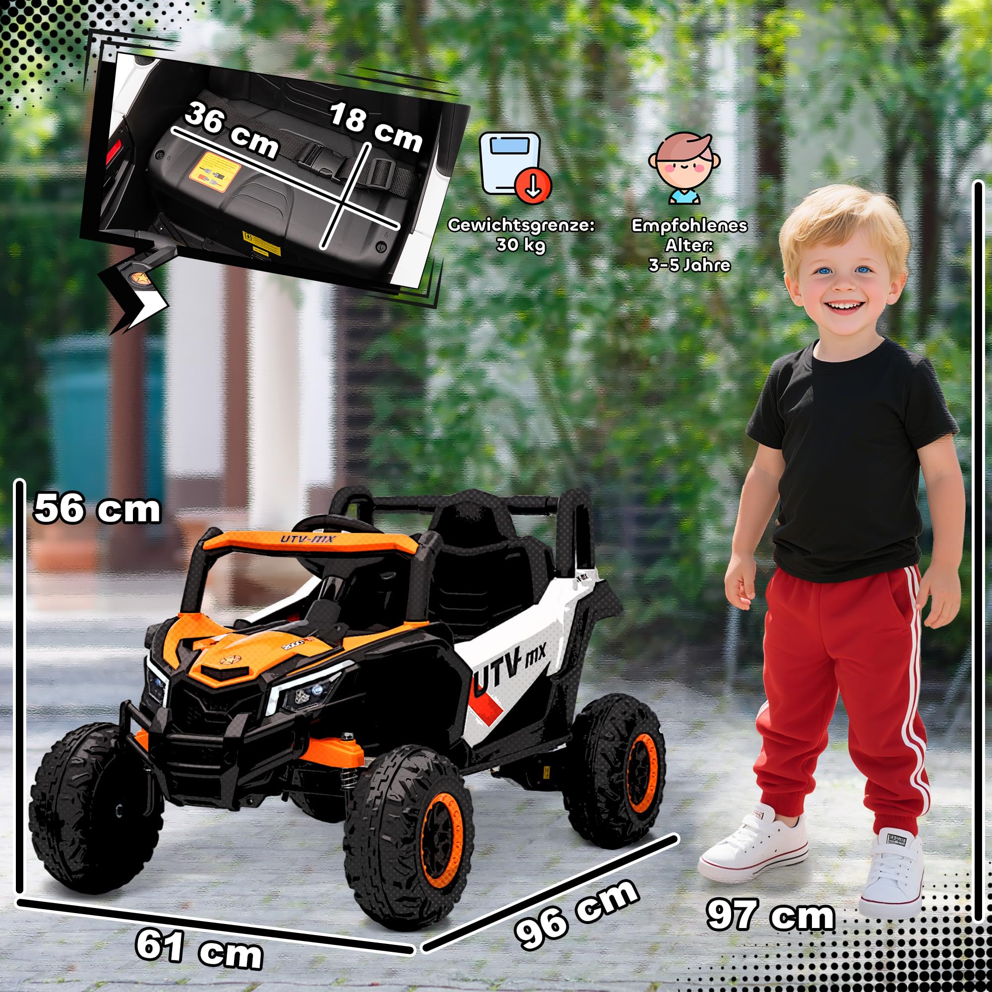 AIYAPLAY Kinder Elektroauto 12V mit 2,4 GHz Fernbedienung 2 Motor Orange | Kinderauto UTV, Kinderfahrzeug, Softstart, Federungssystem, LED-Leuchten, Musik, USB-Anschluss, Hupe, Für 3-5 Jahre