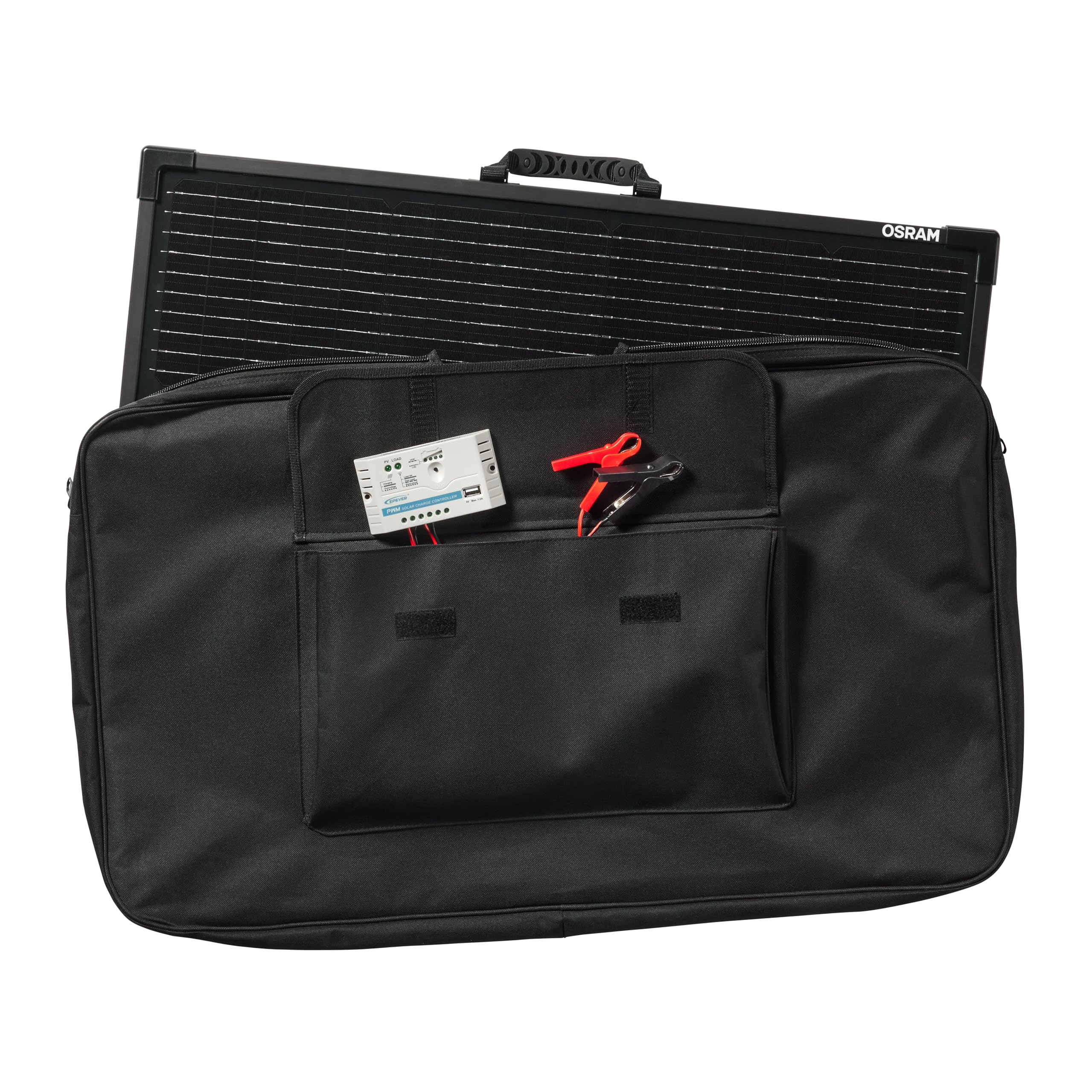 OSRAM BATTERYcharge SOLAR 100W, pannello solare portatile per alimentazione off-grid, mantenitore di carica, pannello solare pieghevole con supporto integrato, protezione da sovraccarico